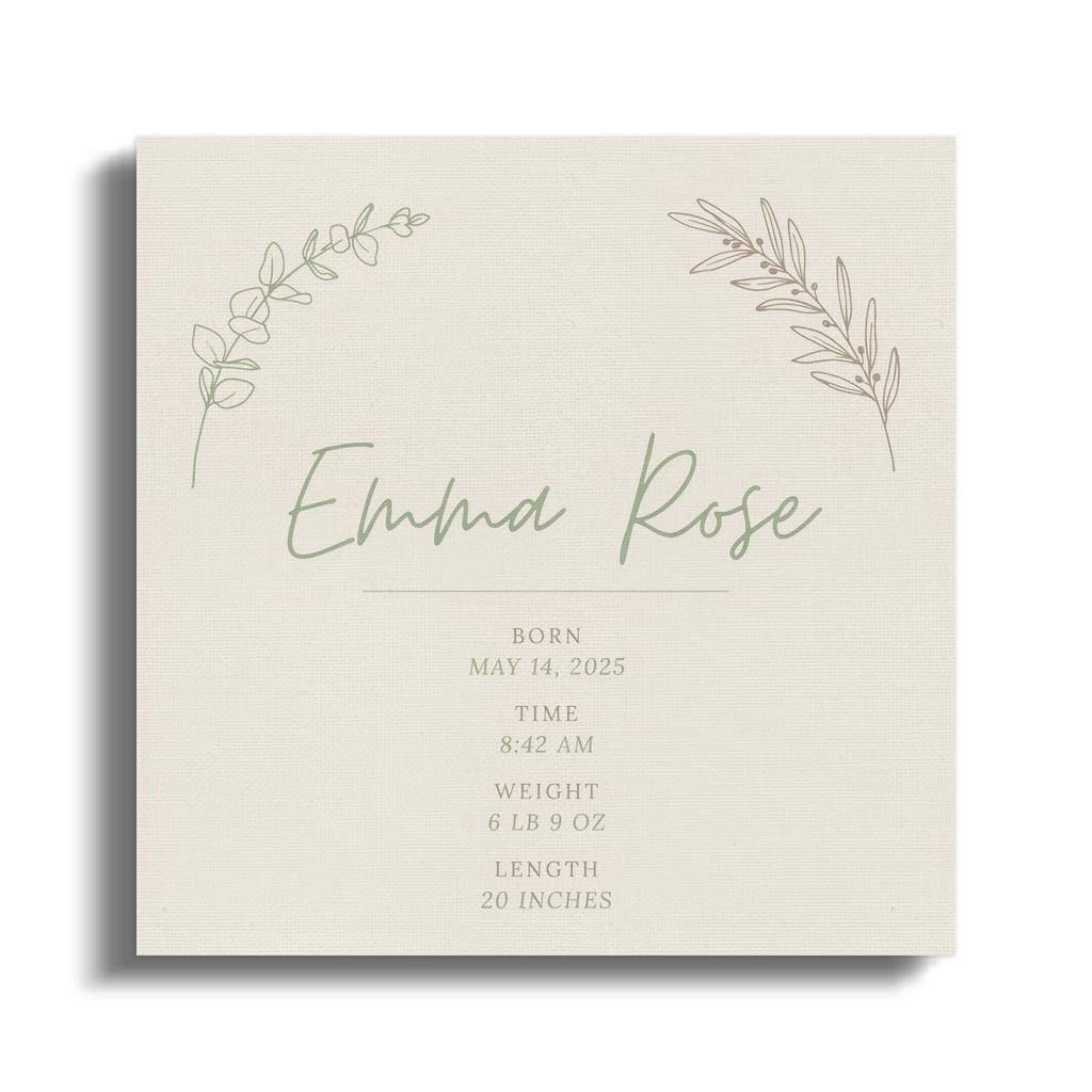 Birth announcement for Emma Rose, born May 14, 2025, 8:42 AM, 6 lb 9 oz, 20 inches.
