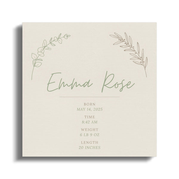 Birth announcement for Emma Rose, born May 14, 2025, 8:42 AM, 6 lb 9 oz, 20 inches.