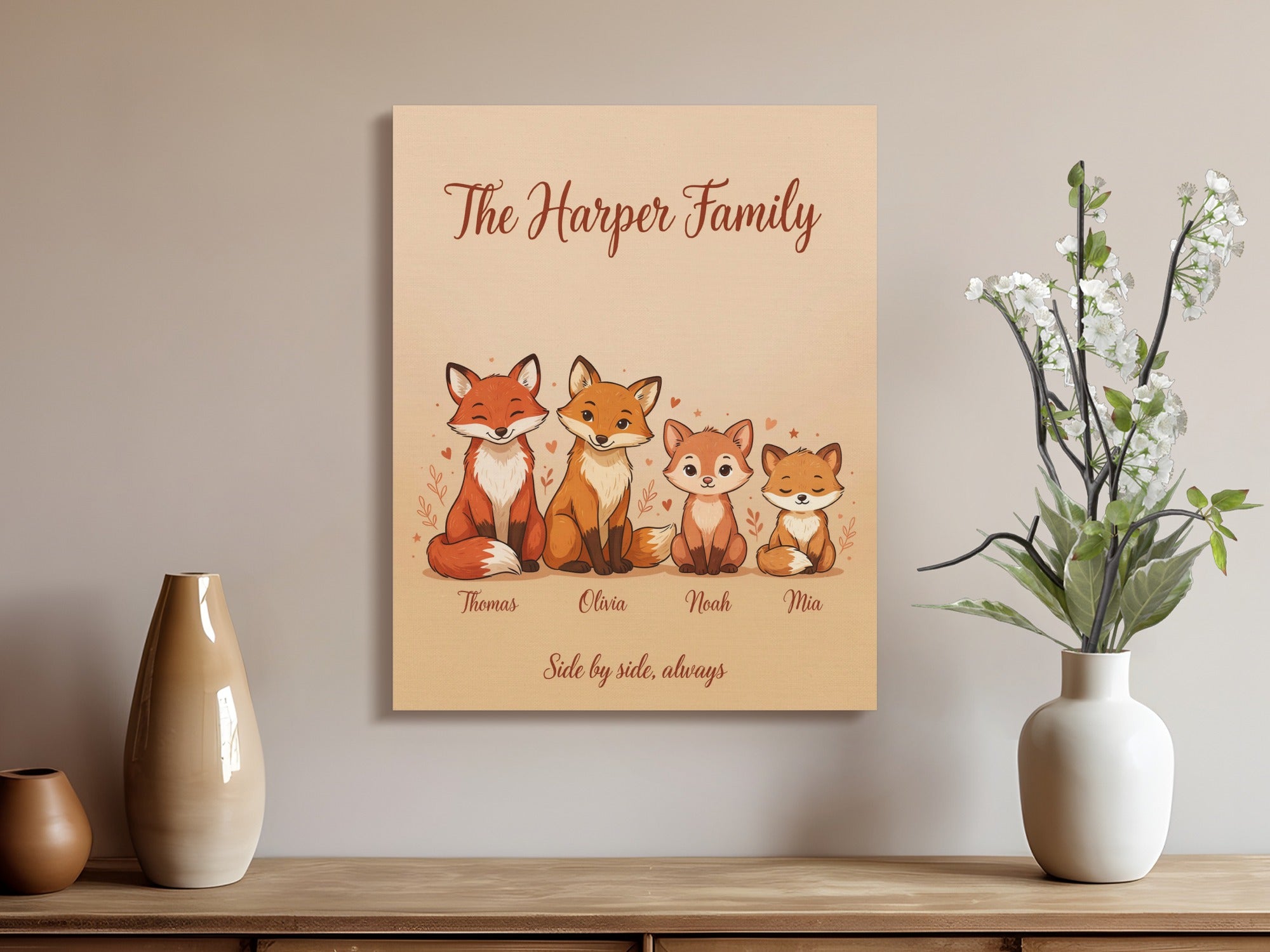 The Harper Family fox illustration with names Thomas, Olivia, Noah, and Mia.