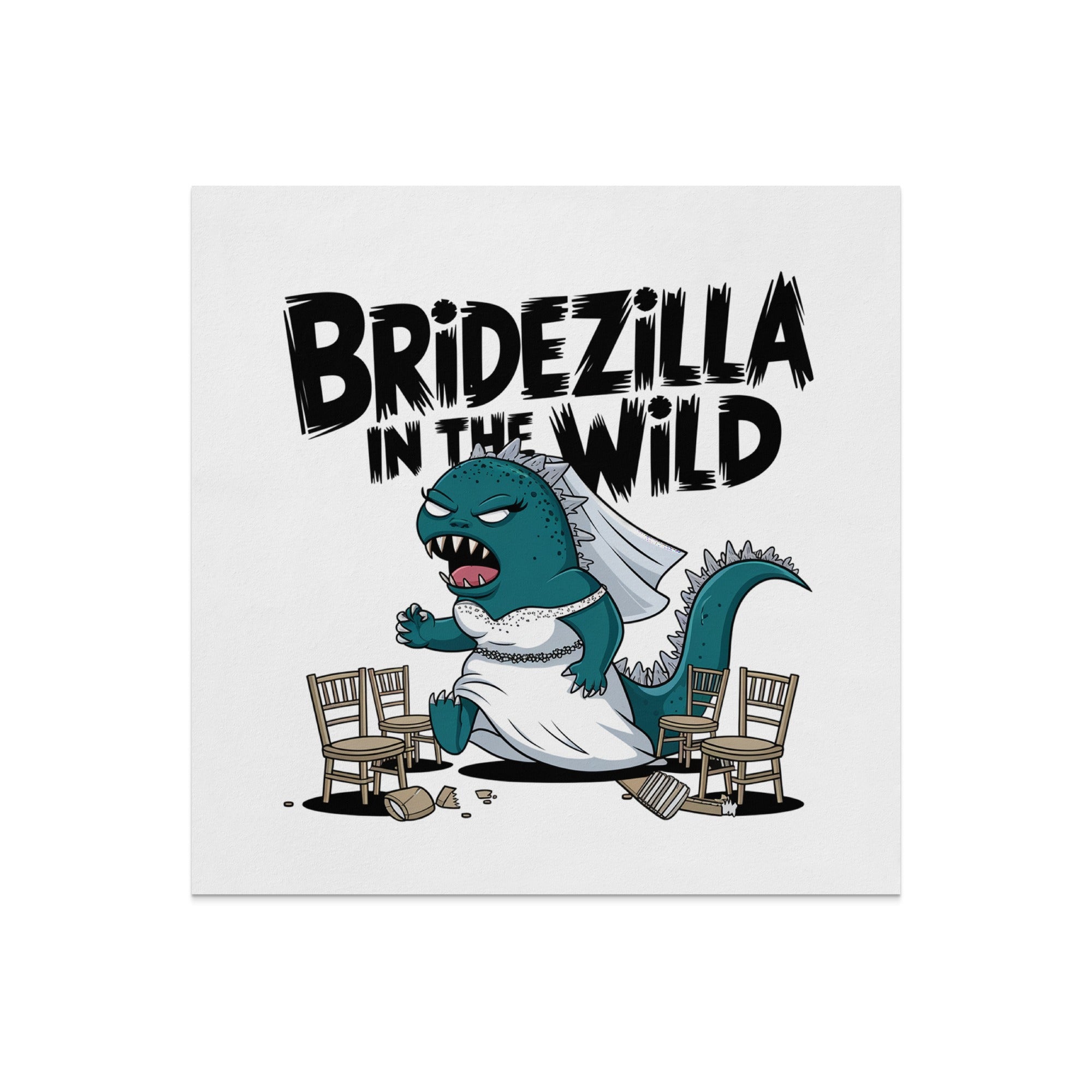 Bridezilla monster in wedding dress stomping on chairs.