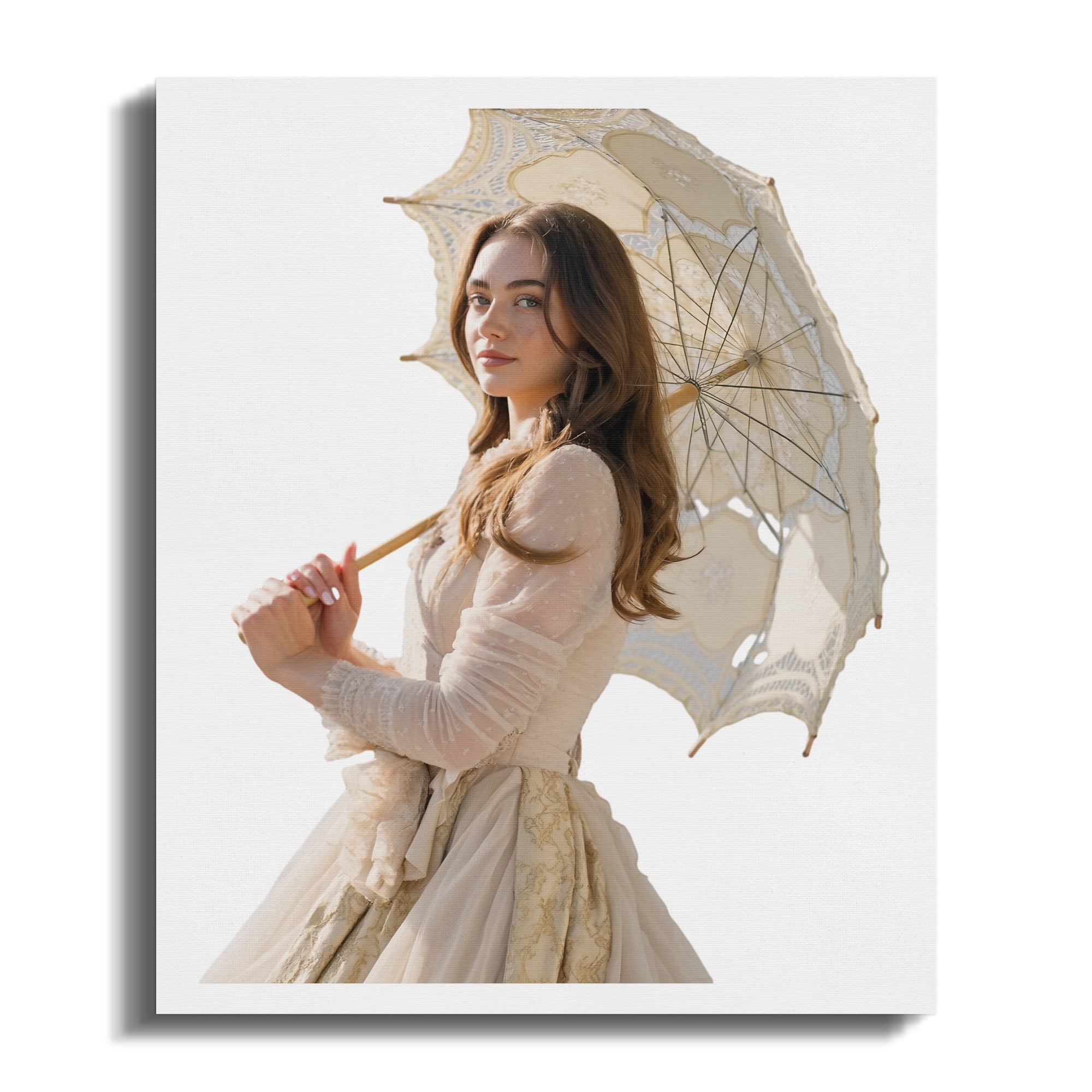 Young woman in vintage lace dress holds ornate parasol against white background.