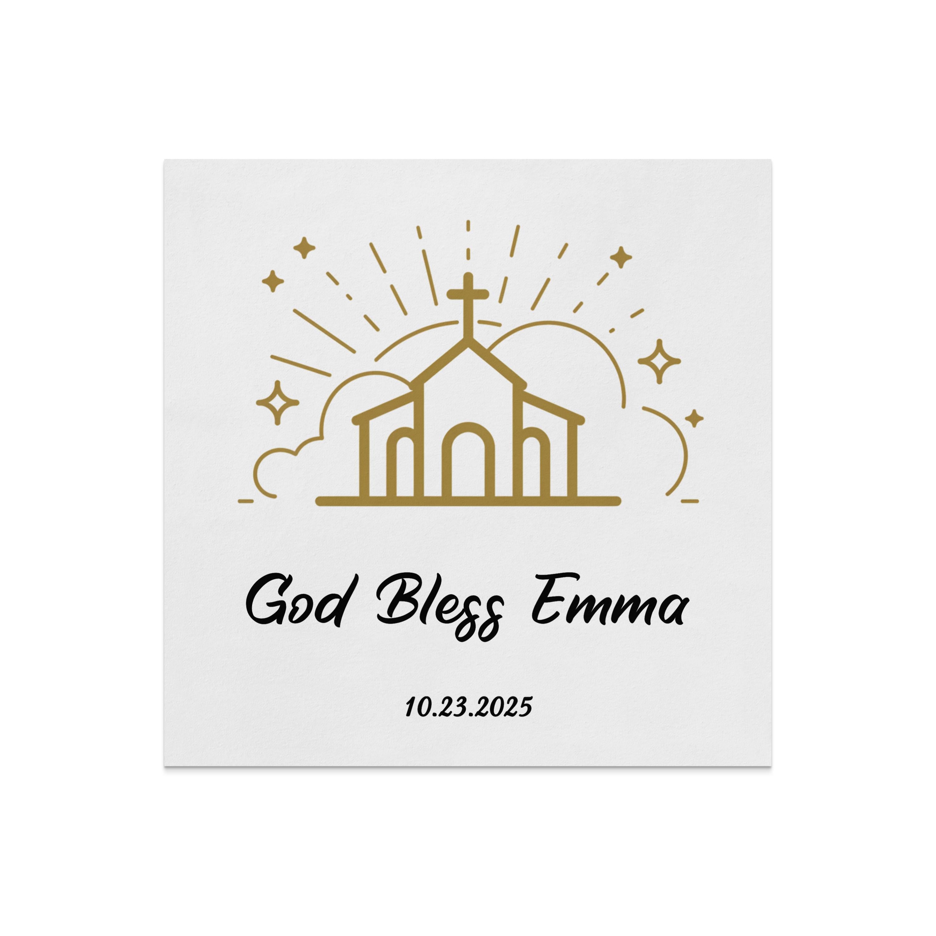 Gold church silhouette with "God Bless Emma" and date.