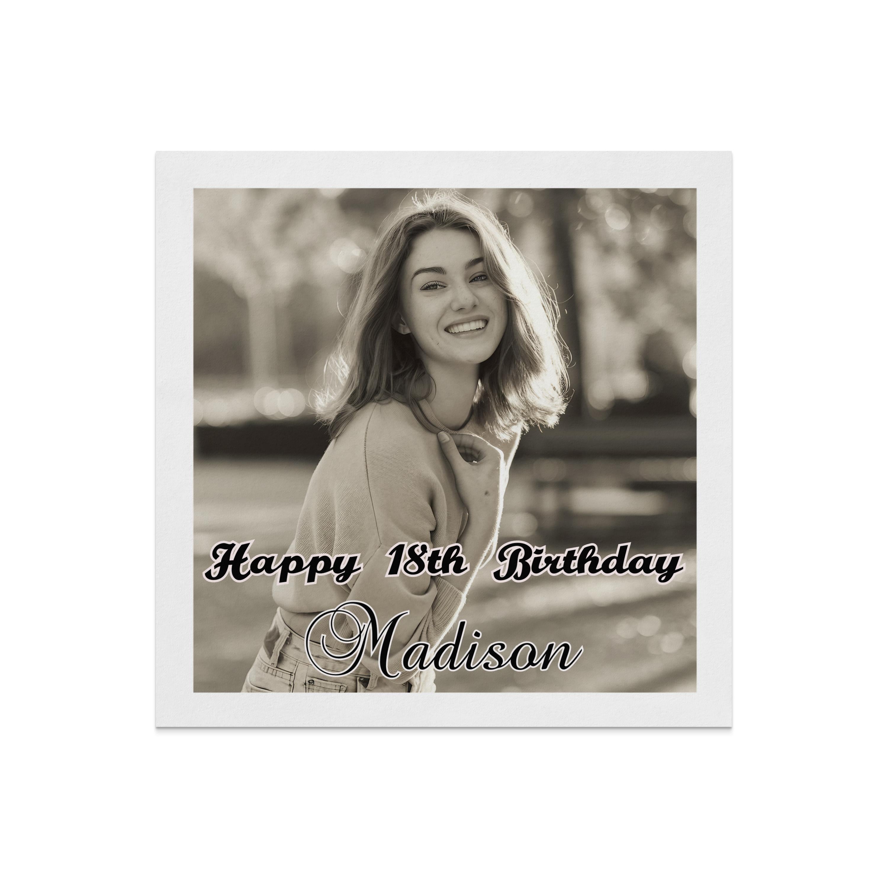 Young woman smiling with "Happy 18th Birthday Madison" text.