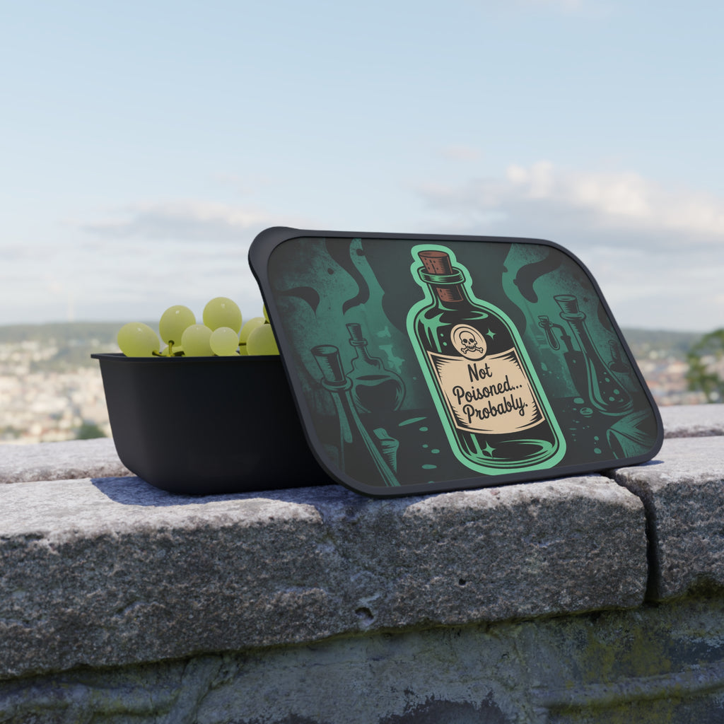 Black container with grapes and a lid featuring a skull and "Not Poisoned... Probably" text.