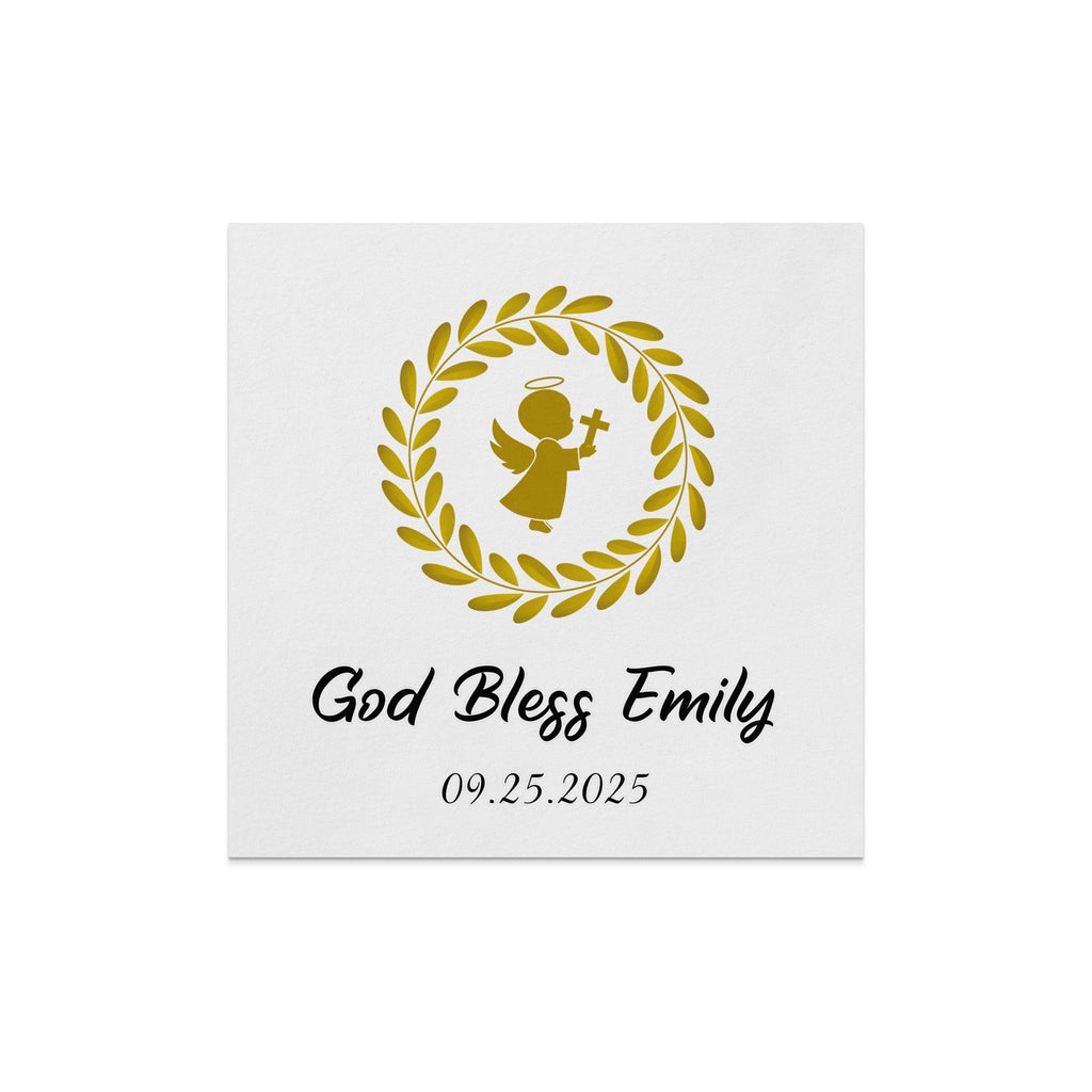 Golden angel with halo and wings within a laurel wreath, above "God Bless Emily" and date.