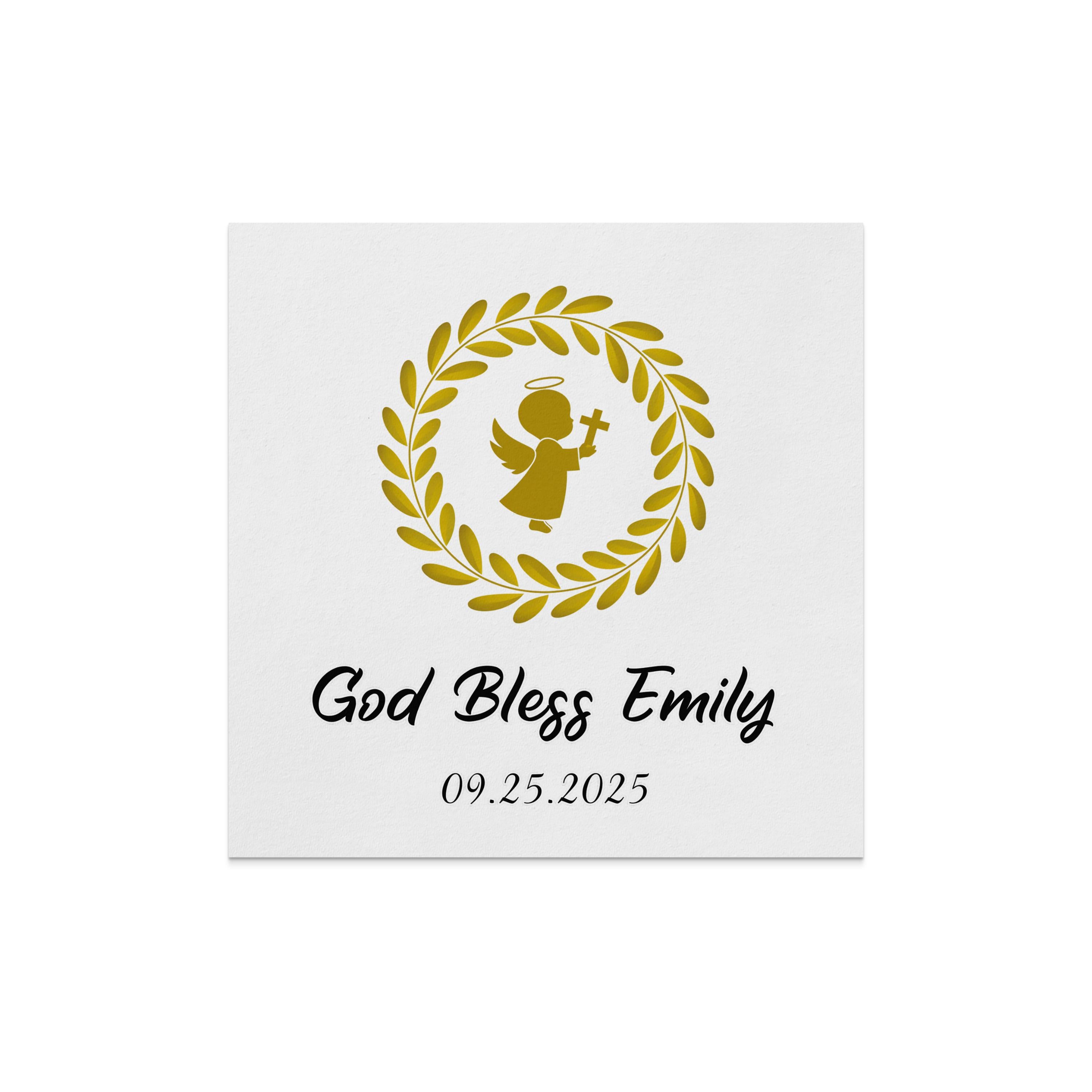 Golden angel with halo and wings within a laurel wreath, above "God Bless Emily" and date.