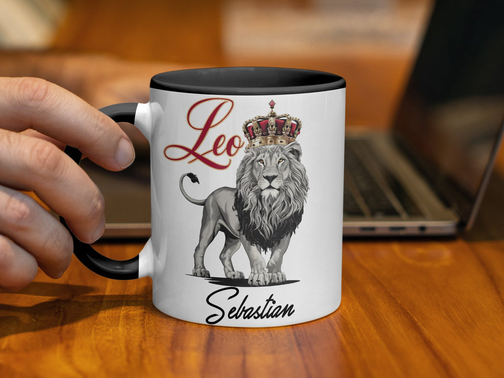 Mug with lion wearing crown and name "Sebastian."