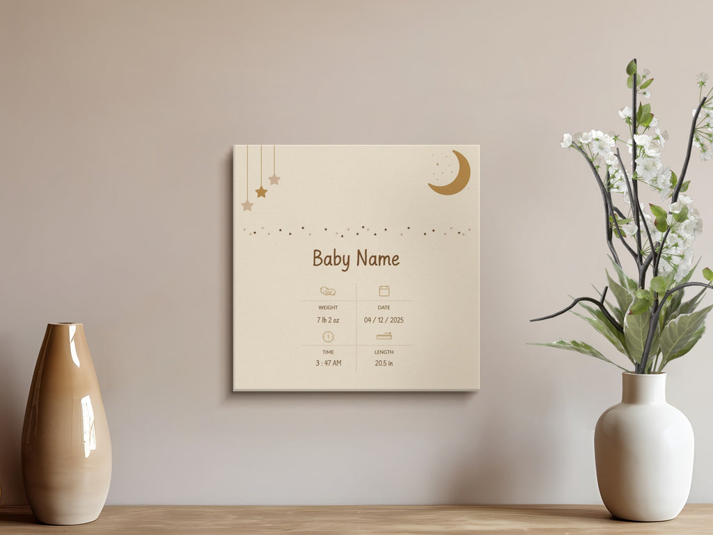 Baby Name canvas featuring weight, date, time, and length details.