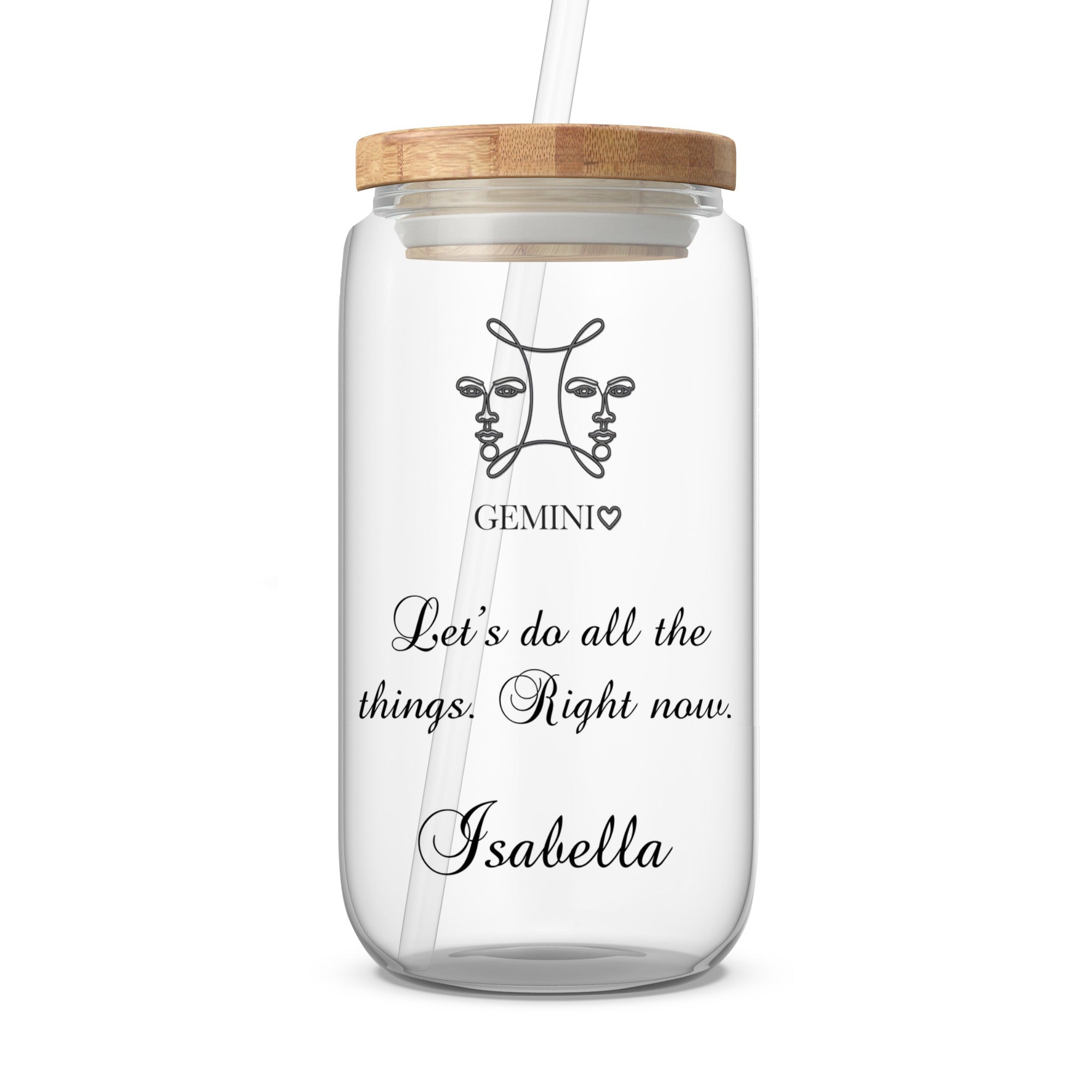 Glass tumbler with Gemini zodiac symbol and custom name "Isabella".