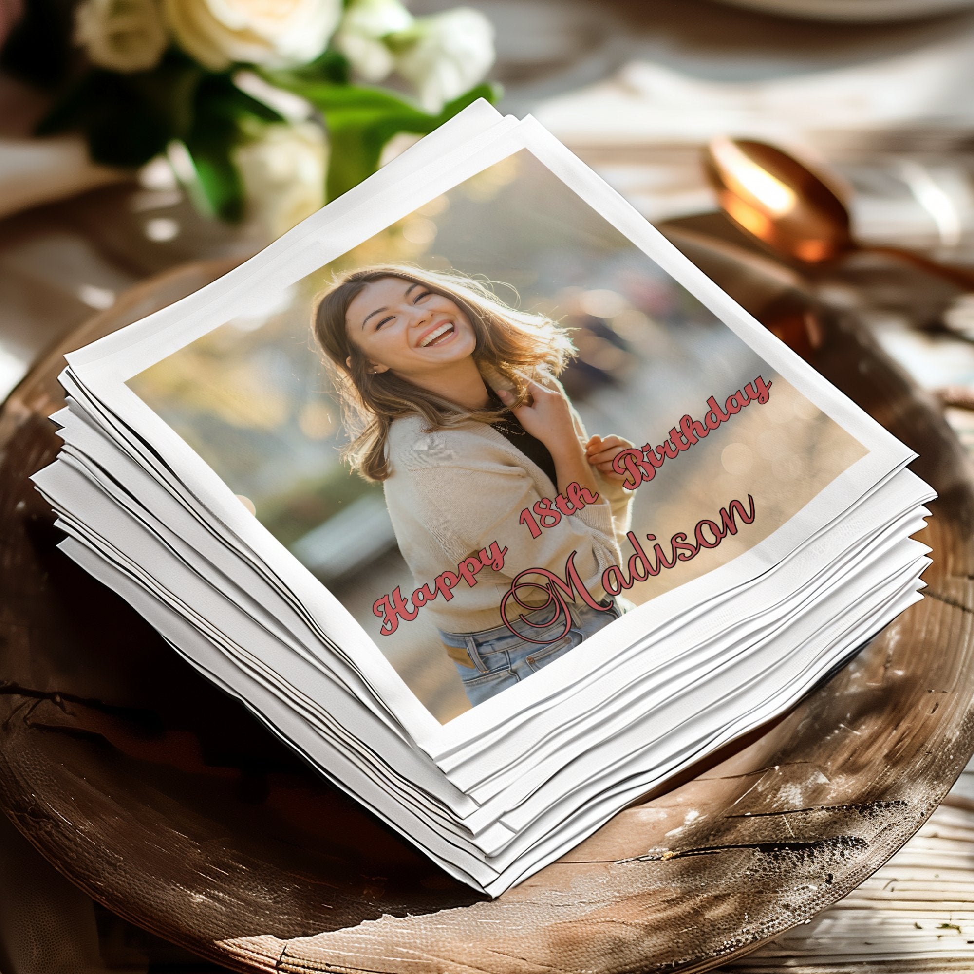 Stack of photos with a young woman wishing Madison a happy 18th birthday.