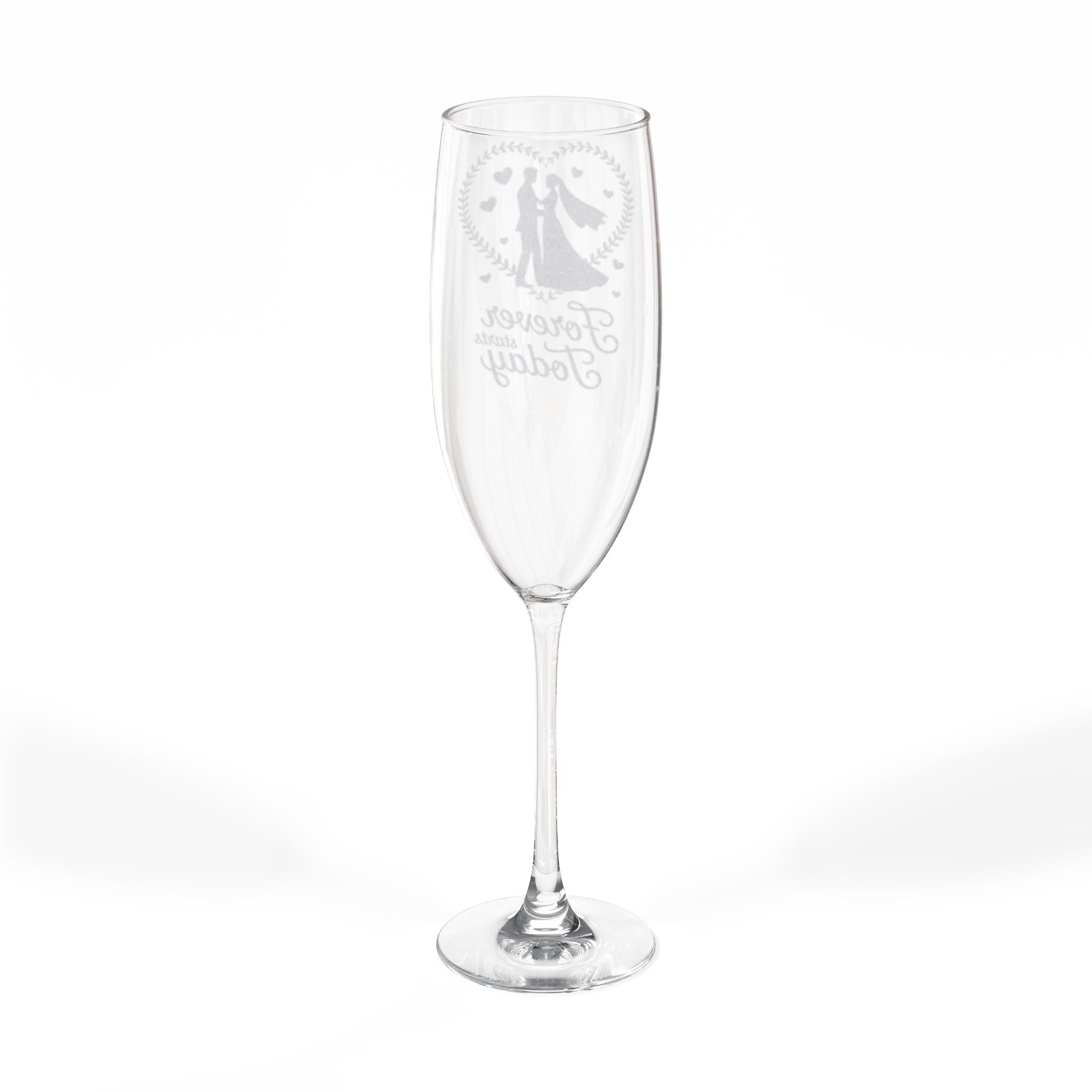 Clear champagne flute with "forever and always" text and wreath.