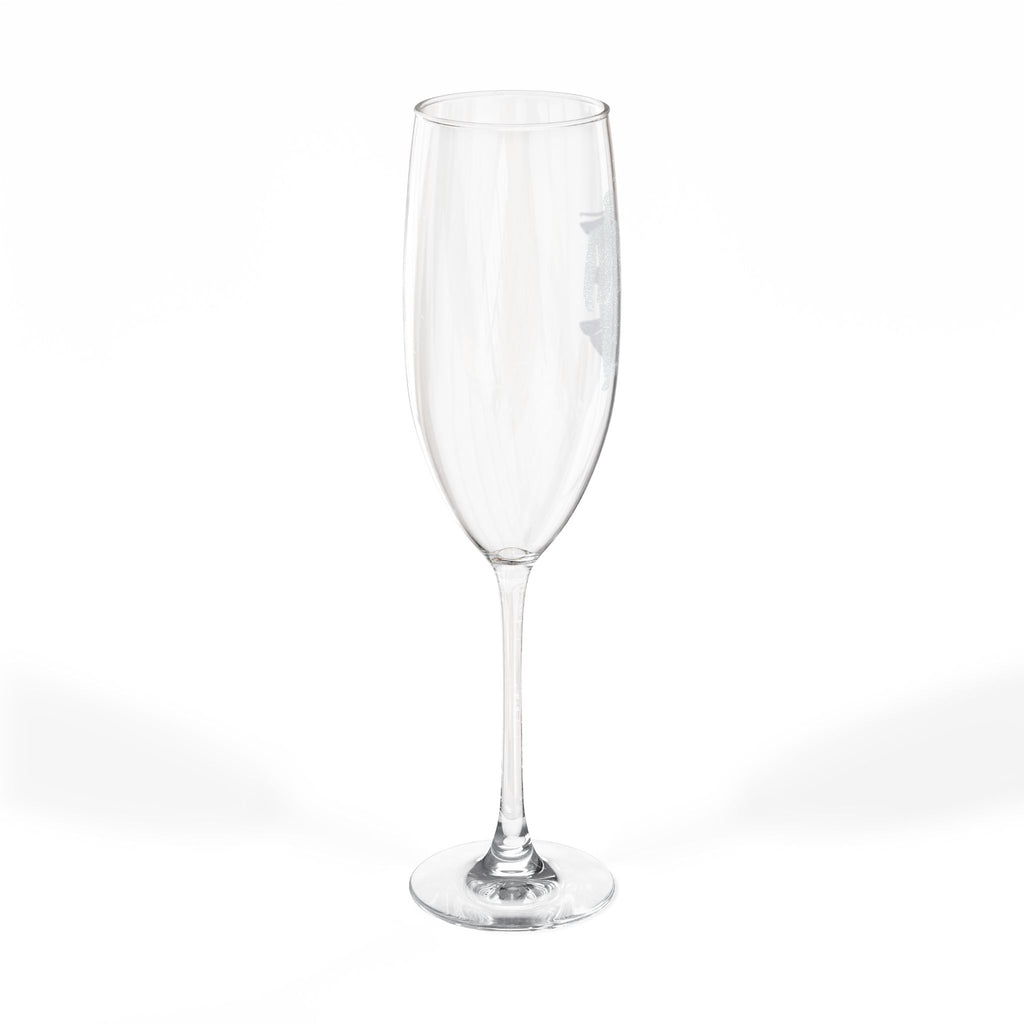 Clear champagne flute with a frosted design on the bowl.