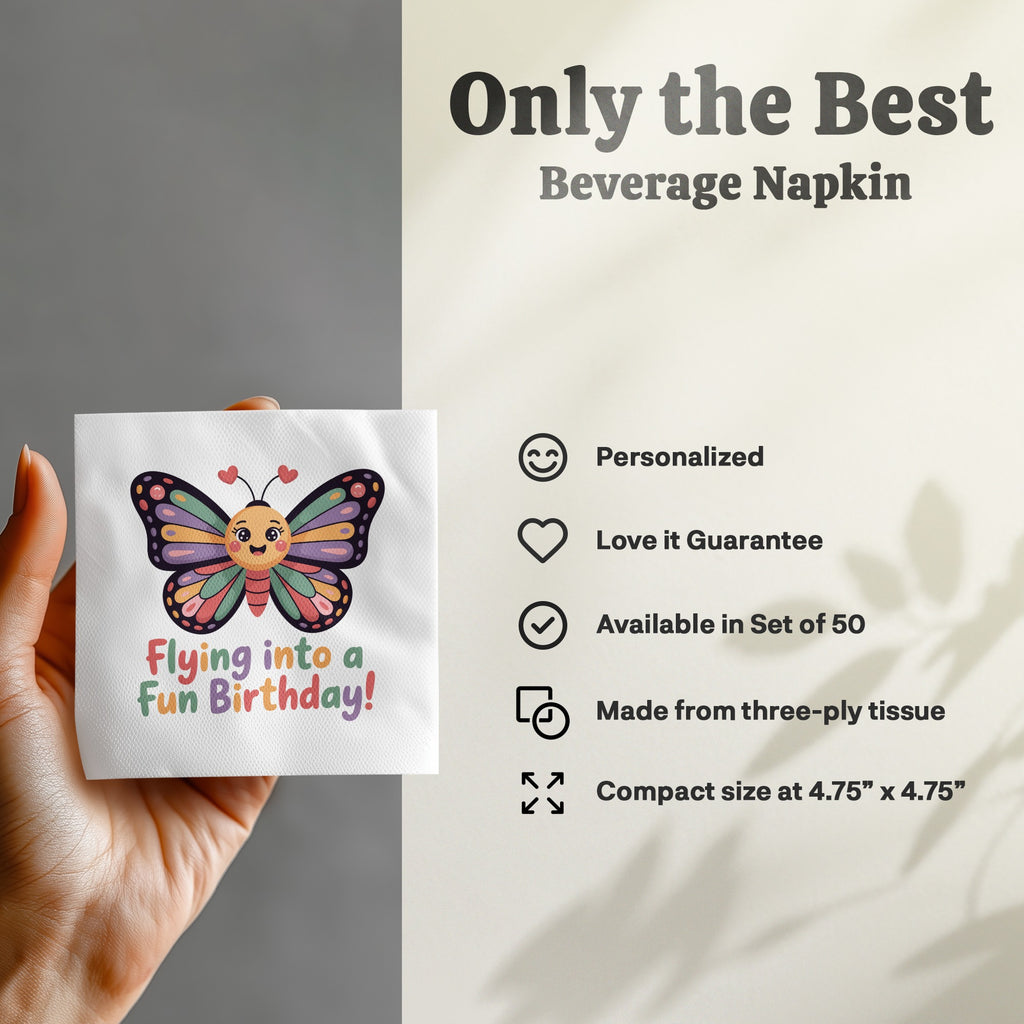 Beverage napkin with butterfly graphic and "Flying into a Fun Birthday!" text.