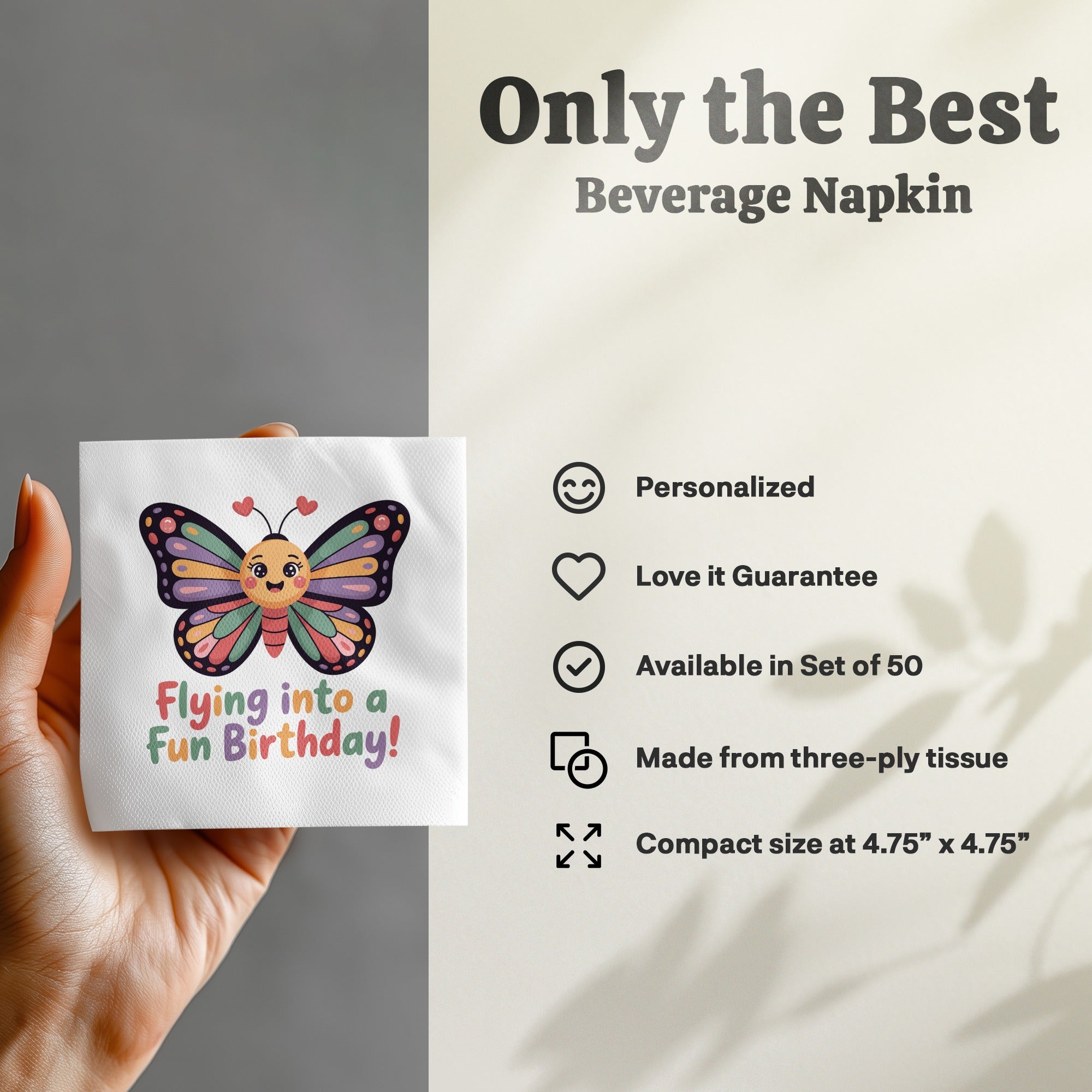 Beverage napkin with butterfly graphic and "Flying into a Fun Birthday!" text.