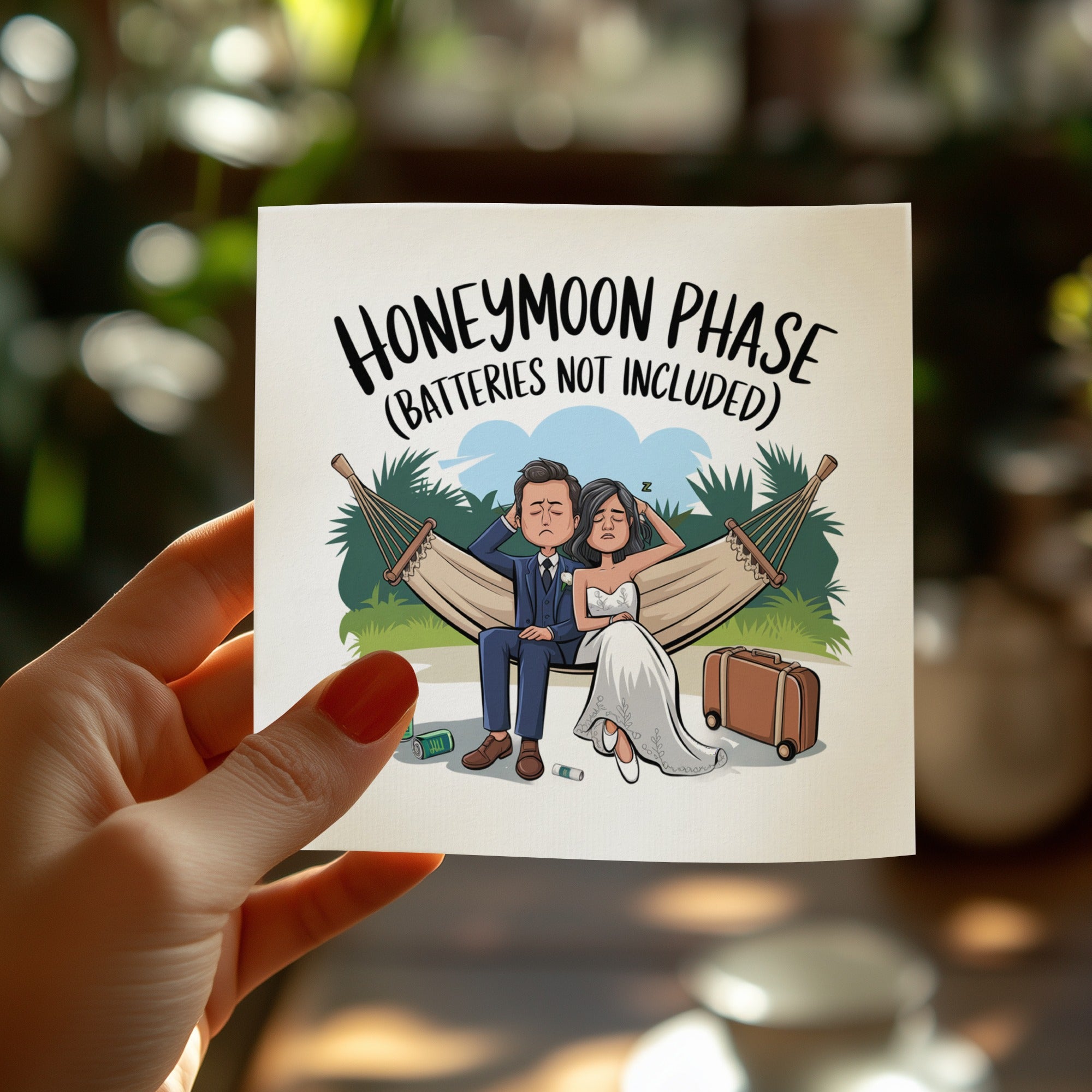 Cartoon couple in hammock, "Honeymoon Phase (Batteries Not Included)" text.