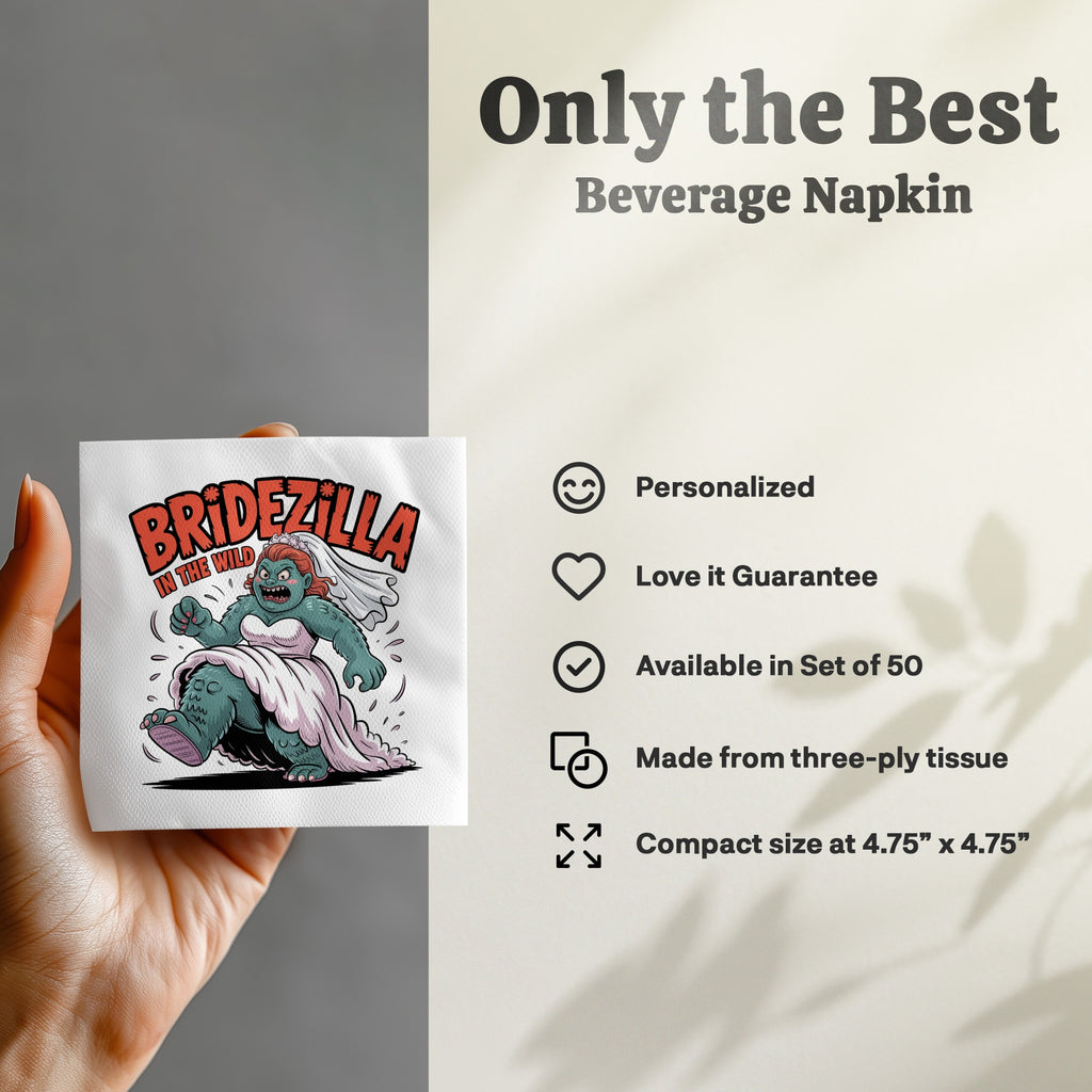 Bridezilla beverage napkin featuring a monster bride in a wedding dress.