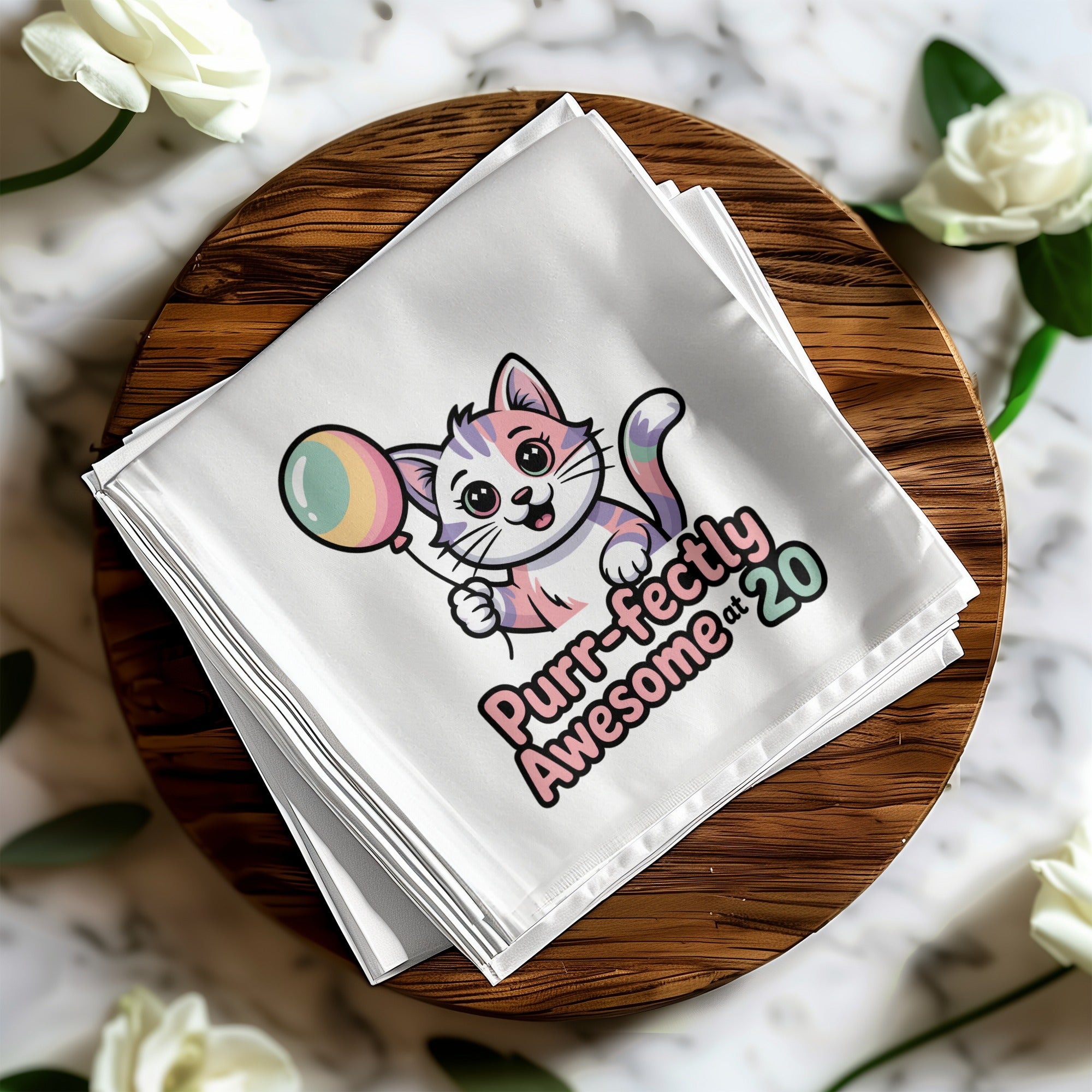 White napkin with cartoon cat holding a balloon, text reads "Purr-fectly Awesome at 20".