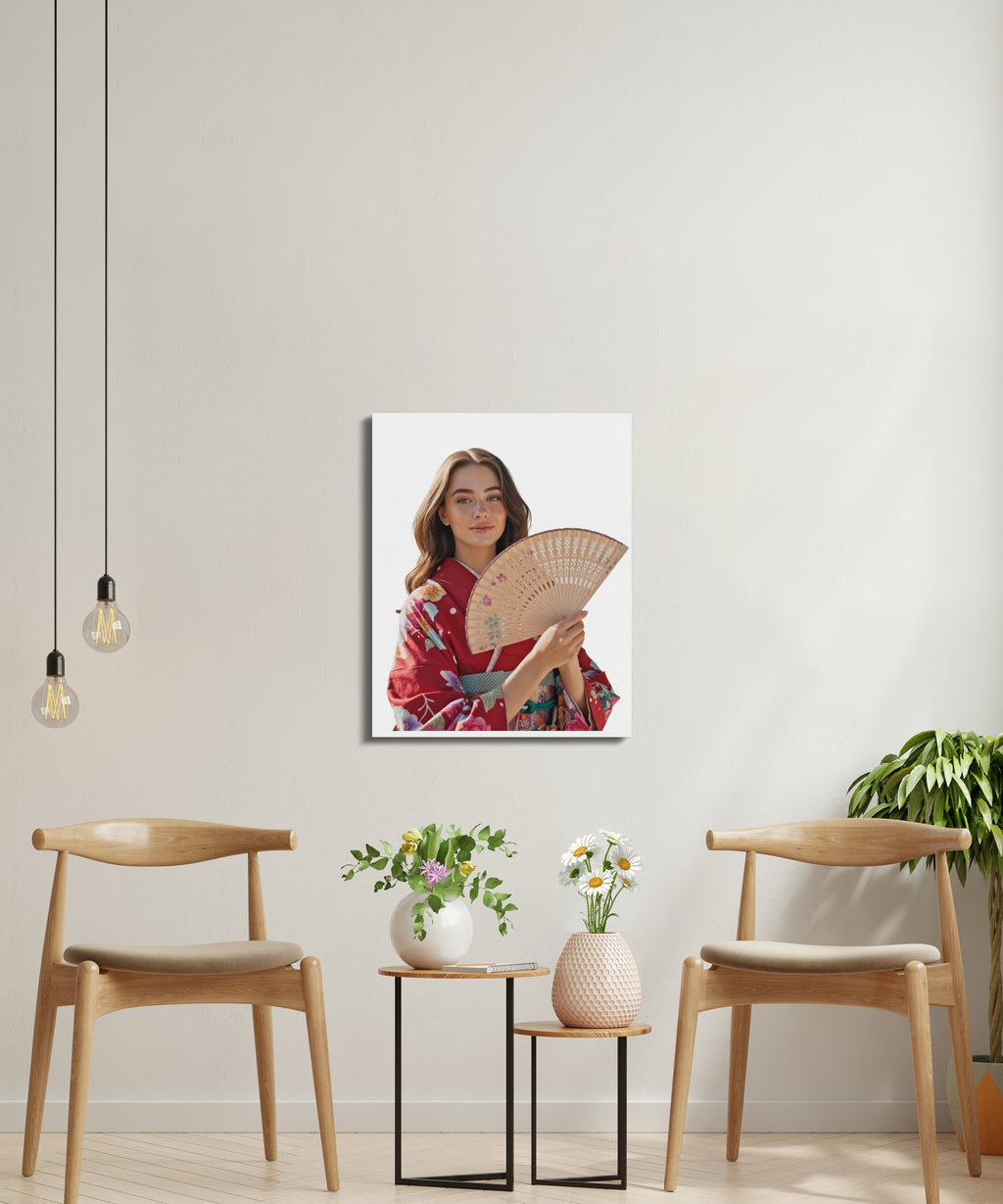 Woman in red kimono holding a fan, displayed on a white wall.