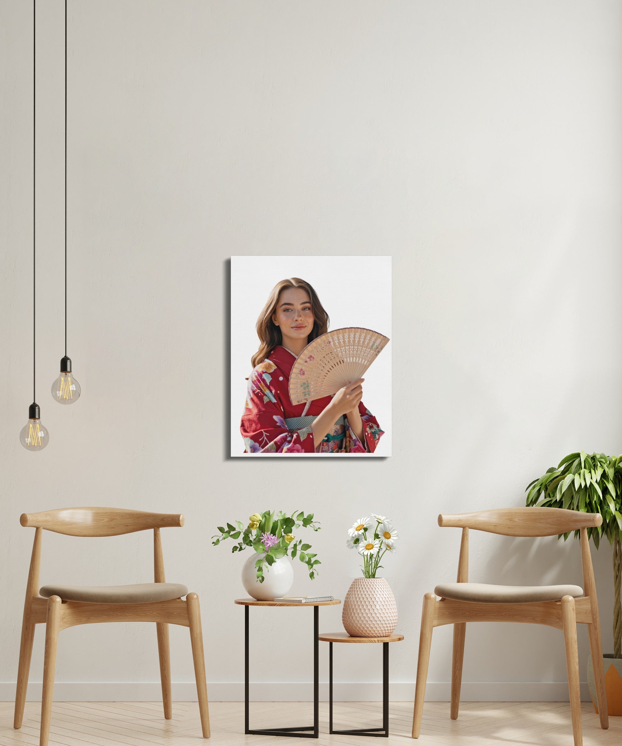 Woman in red kimono holding a fan, displayed on a white wall.