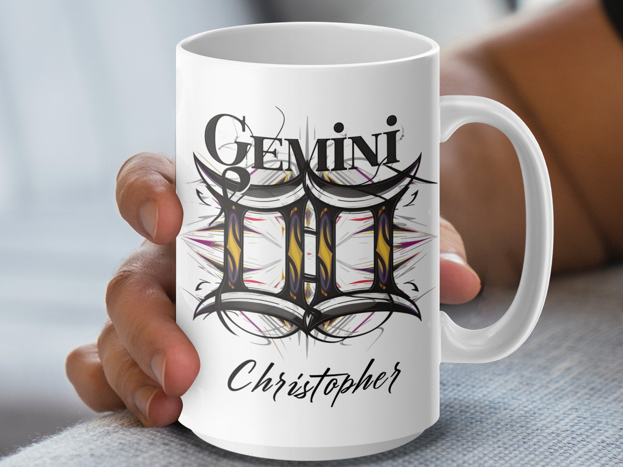 White mug with Gemini zodiac symbol and name "Christopher."