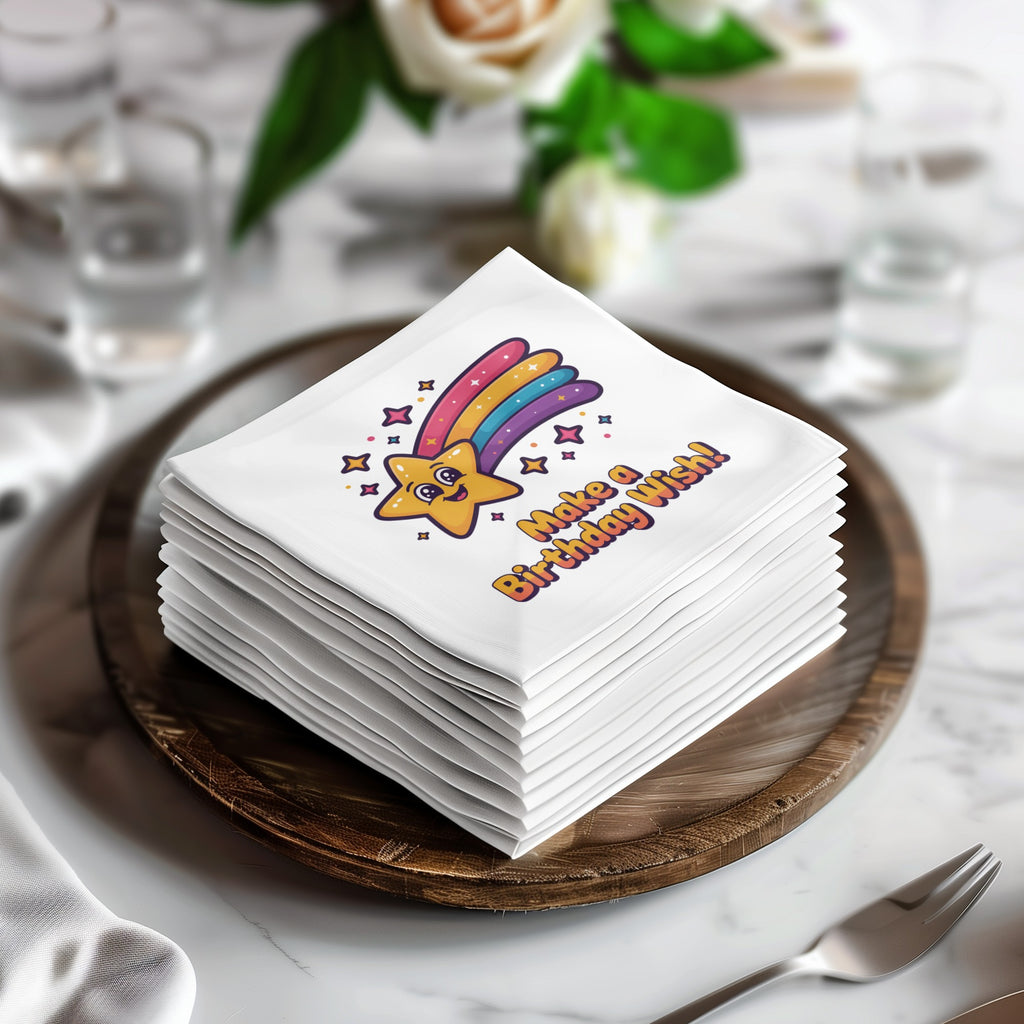 Stack of napkins with colorful star and "Make a Birthday Wish!" text.