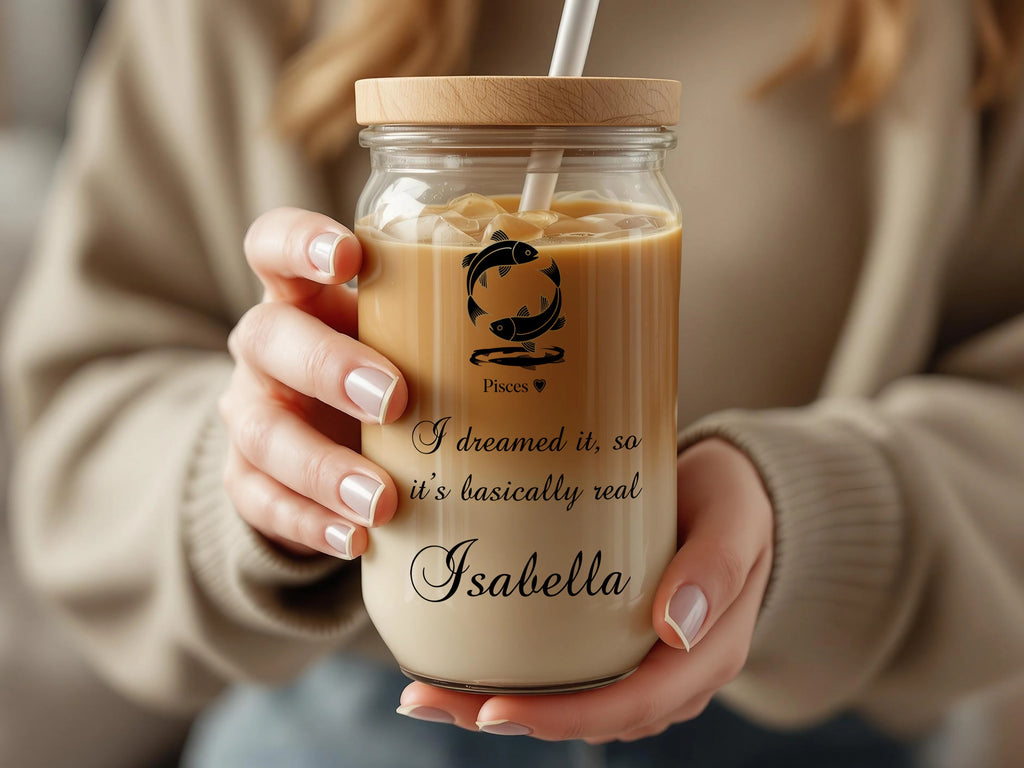 Glass jar with Pisces zodiac sign, straw, and personalized text "Isabella."