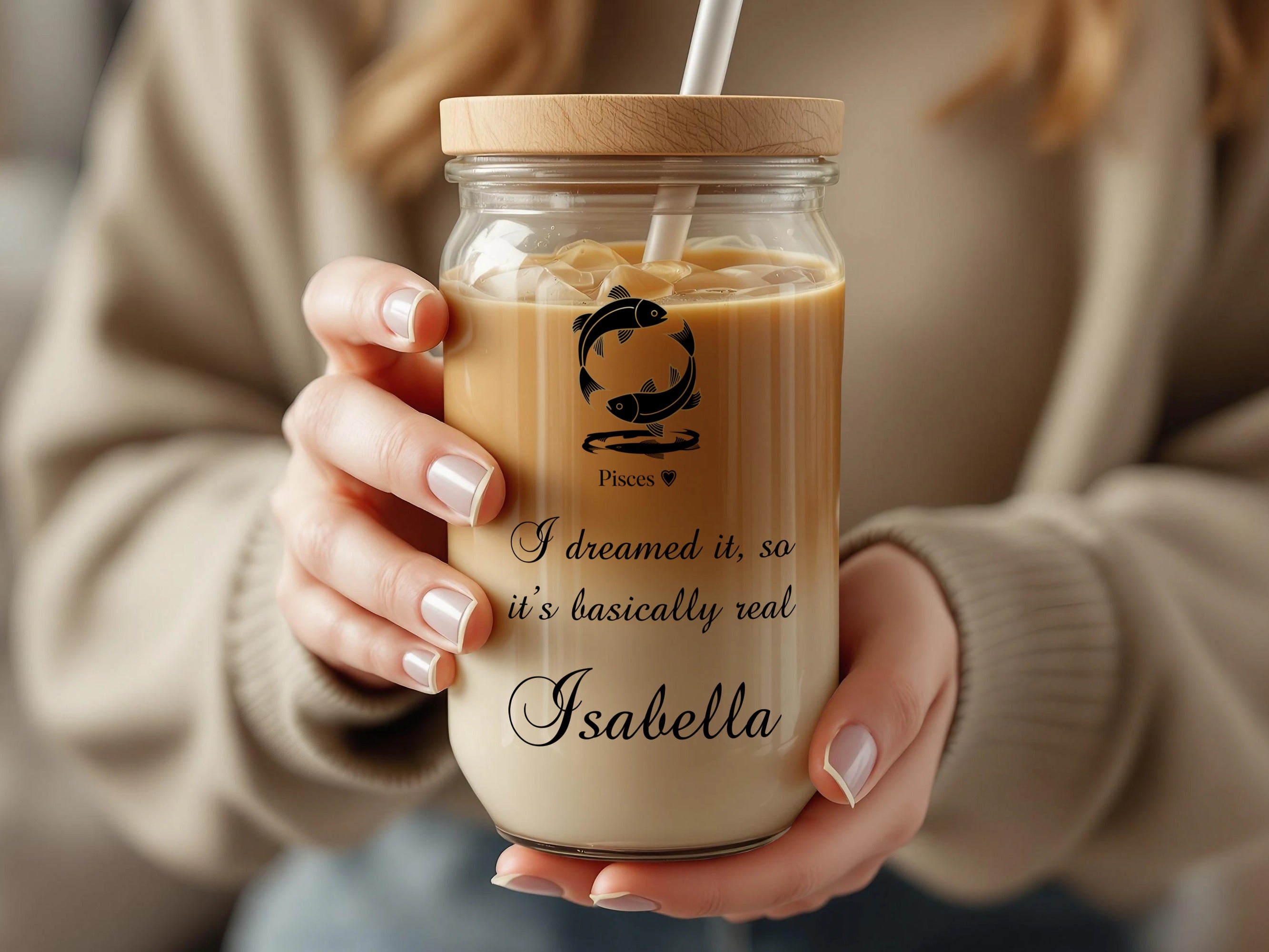 Glass jar with Pisces zodiac sign, straw, and personalized text "Isabella."