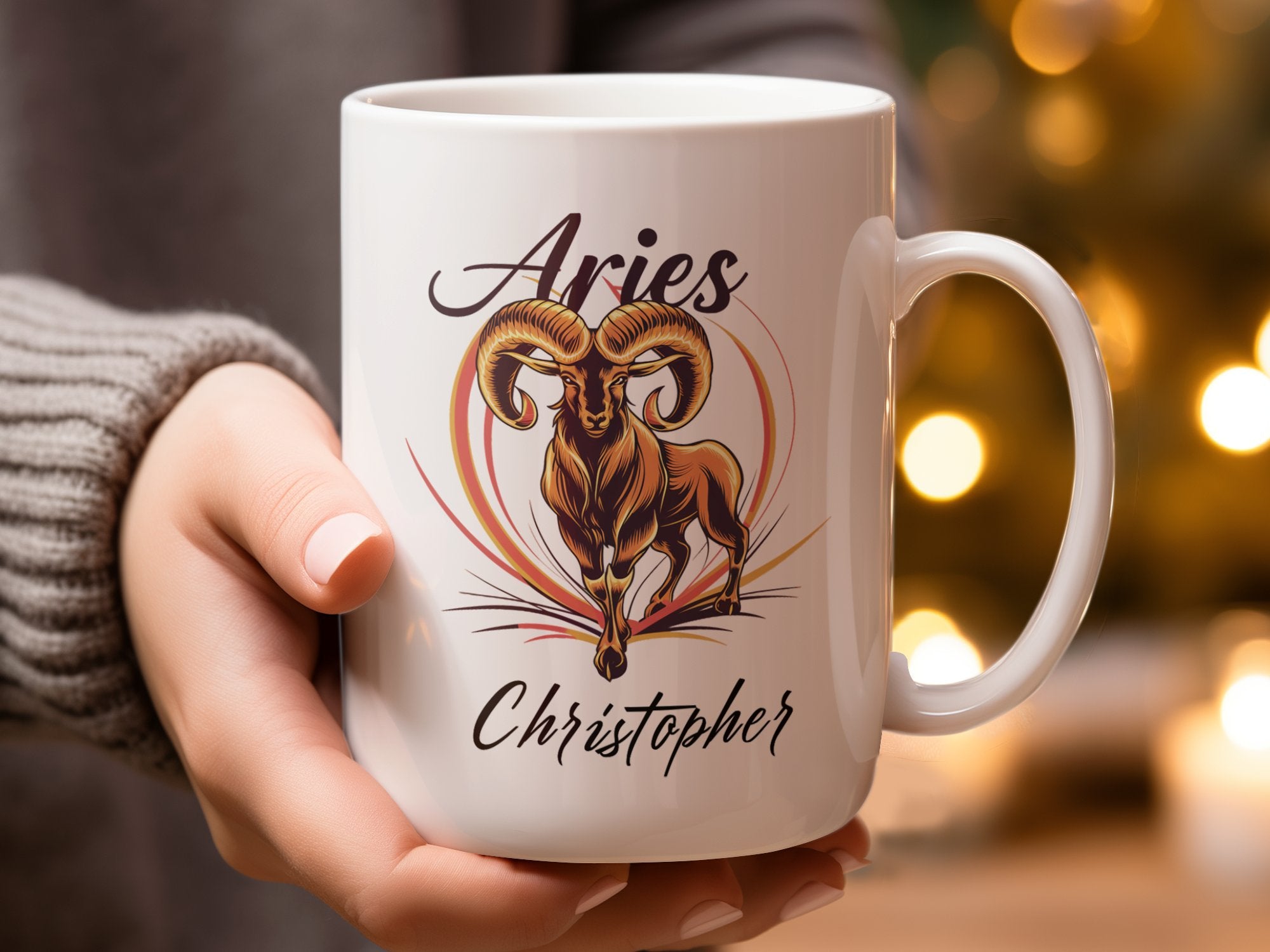 White mug with Aries ram graphic and personalized "Christopher" text.