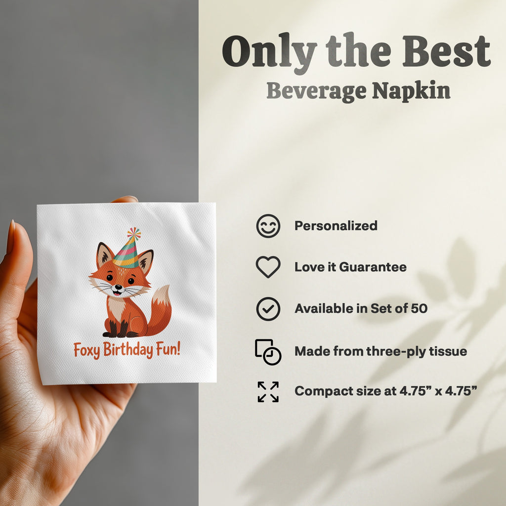 Foxy Birthday Fun beverage napkin with party hat and icons.