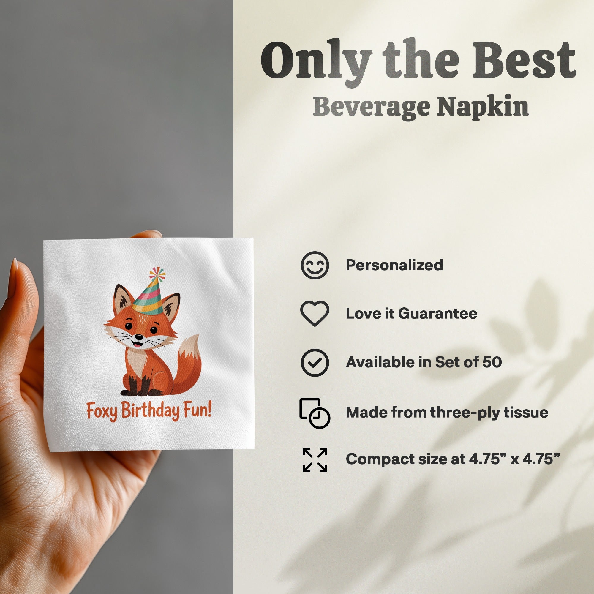 Foxy Birthday Fun beverage napkin with party hat and icons.