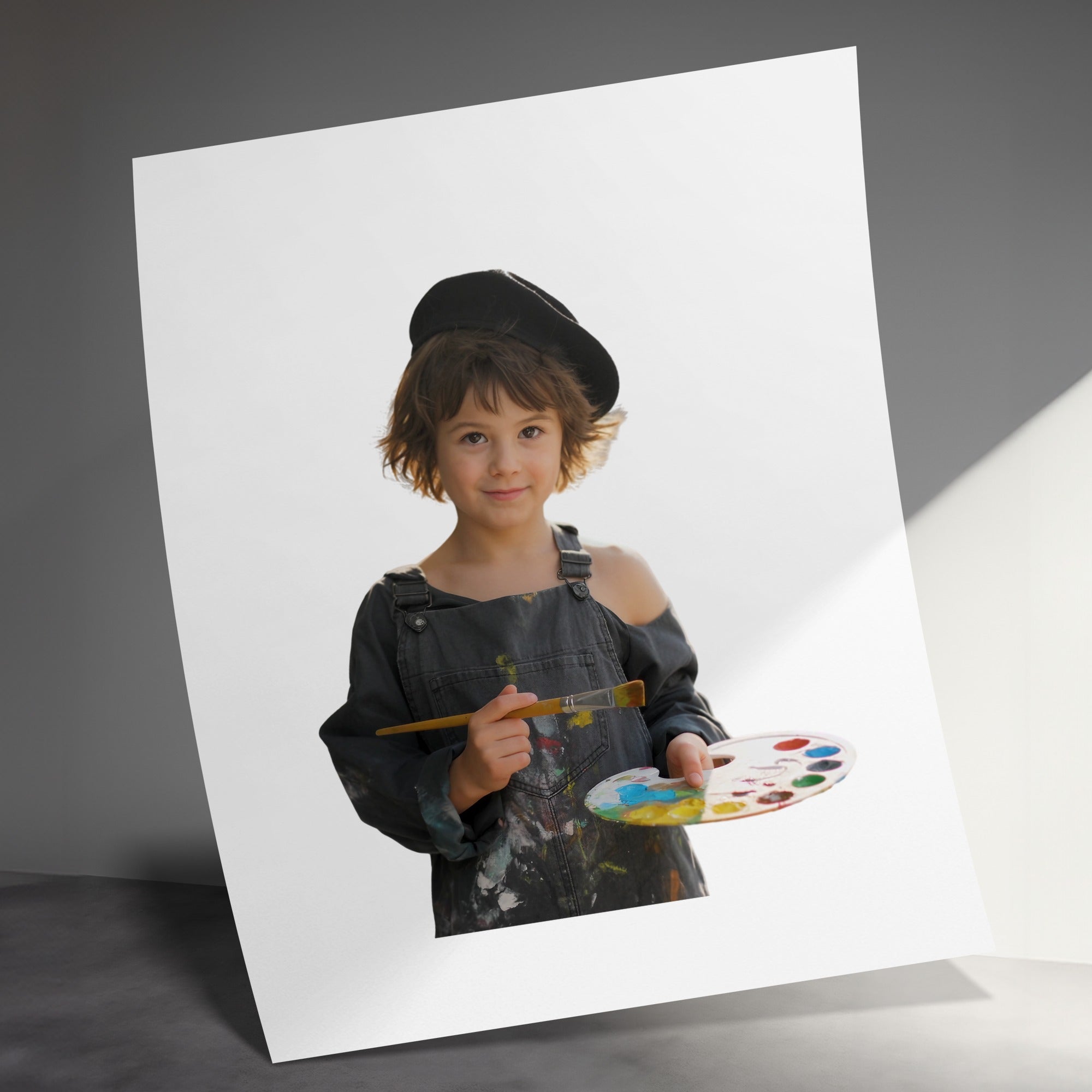 Young artist in overalls and beret holds a paint palette and brush.