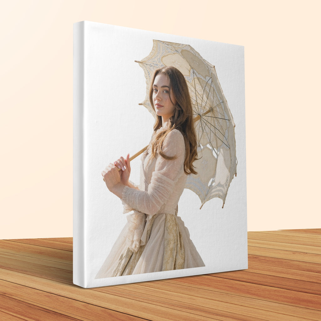 Young woman in vintage dress holding an ornate parasol against a light background.