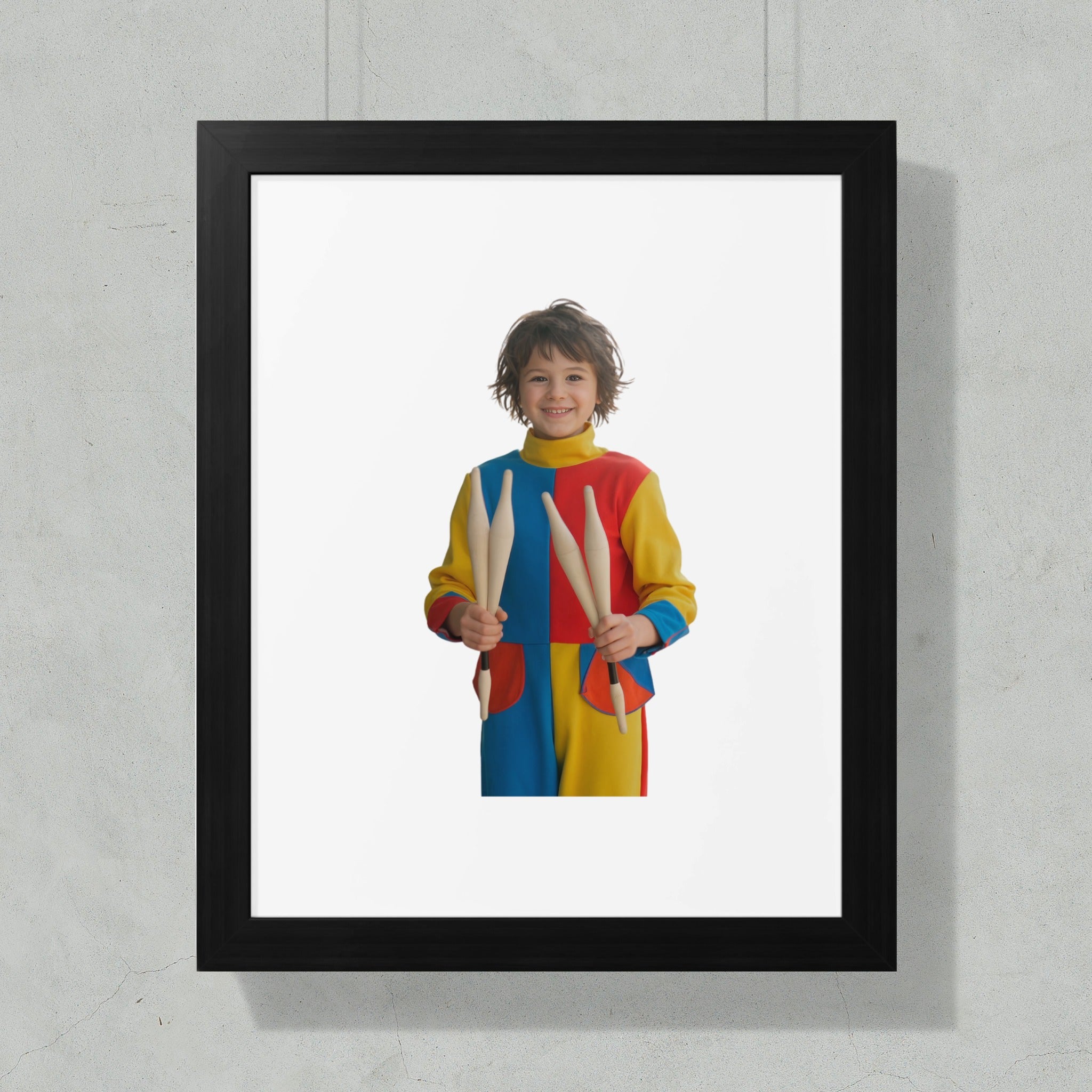 Young child in colorful costume holding juggling pins, framed.