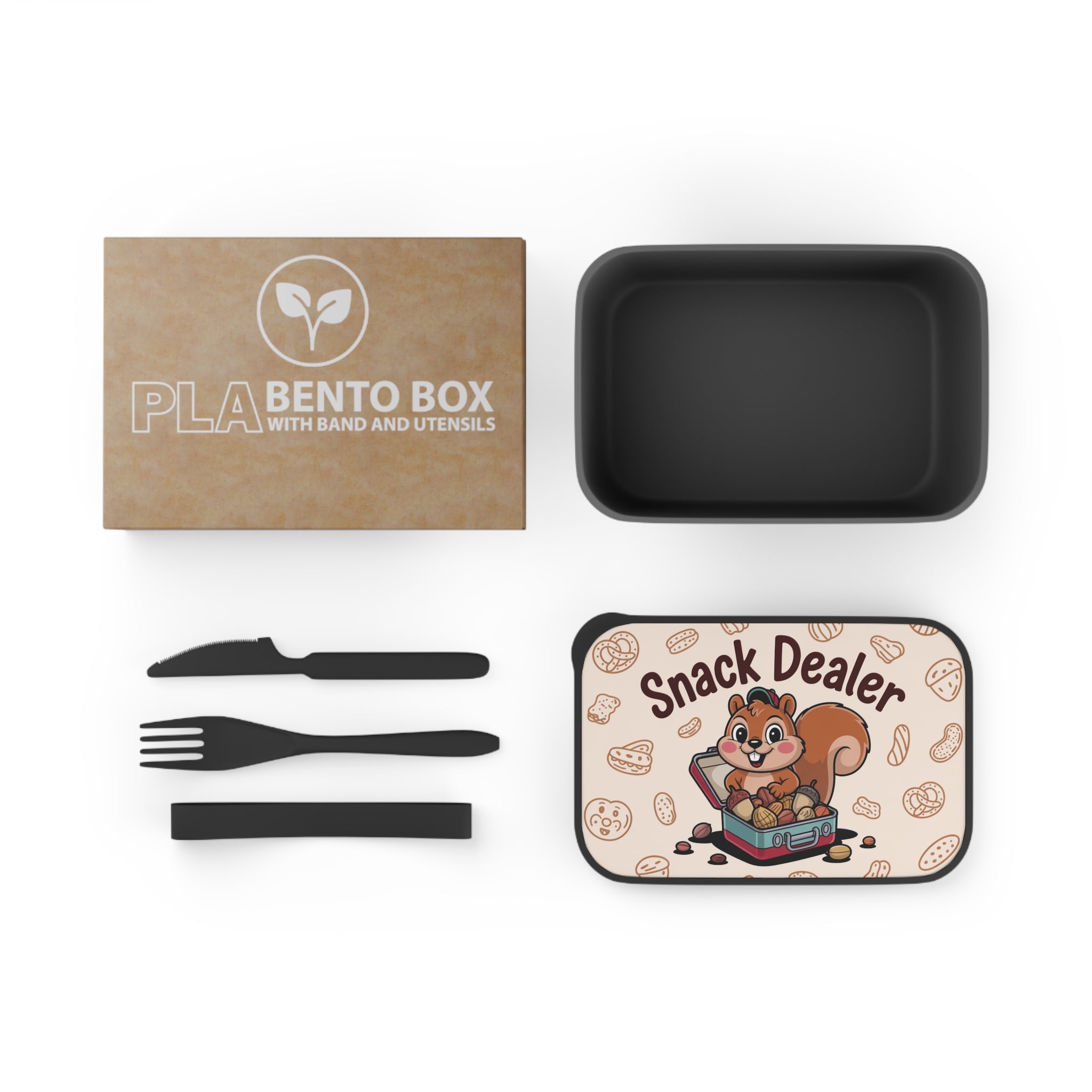 PLA bento box with utensils and a whimsical squirrel snack dealer graphic.