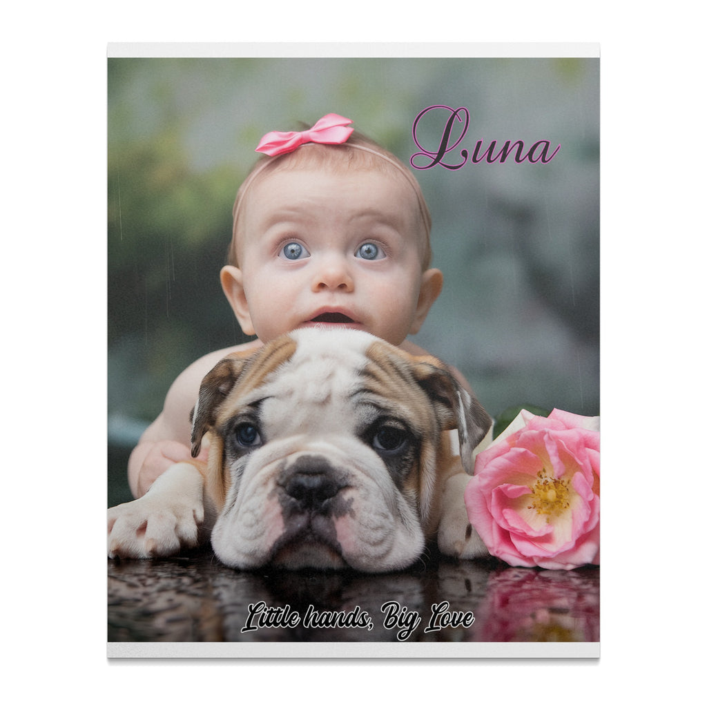 Baby with pink bow, bulldog, and pink rose, text "Luna" and "Little hands, Big love".