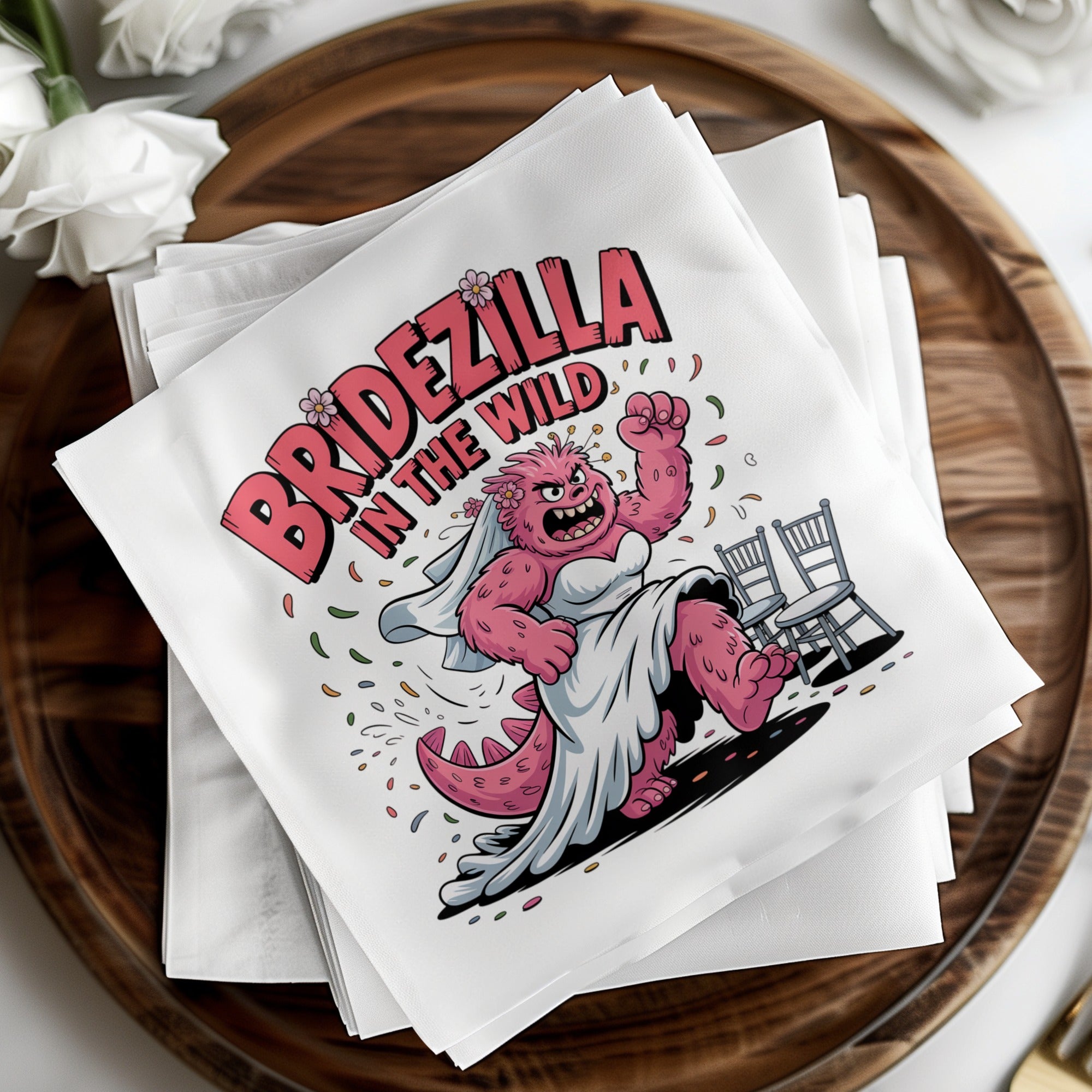 Bridezilla in the wild cartoon on a white napkin.