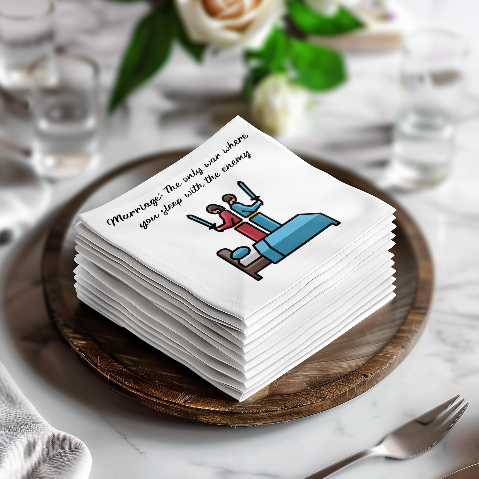 Stack of napkins with cartoon figures and text "Marriage: The only war where you sleep with the enemy".