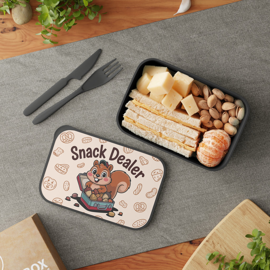 Lunchbox with sandwich, fruit, nuts, and cartoon squirrel graphic.