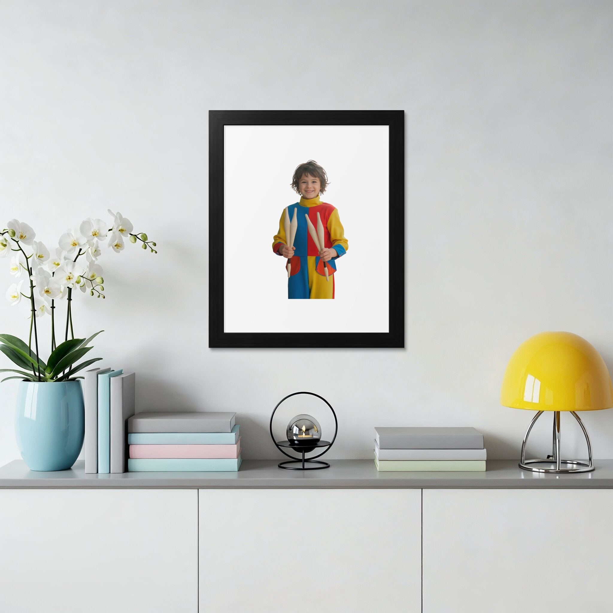 Child in colorful costume holding drumsticks in a framed picture.