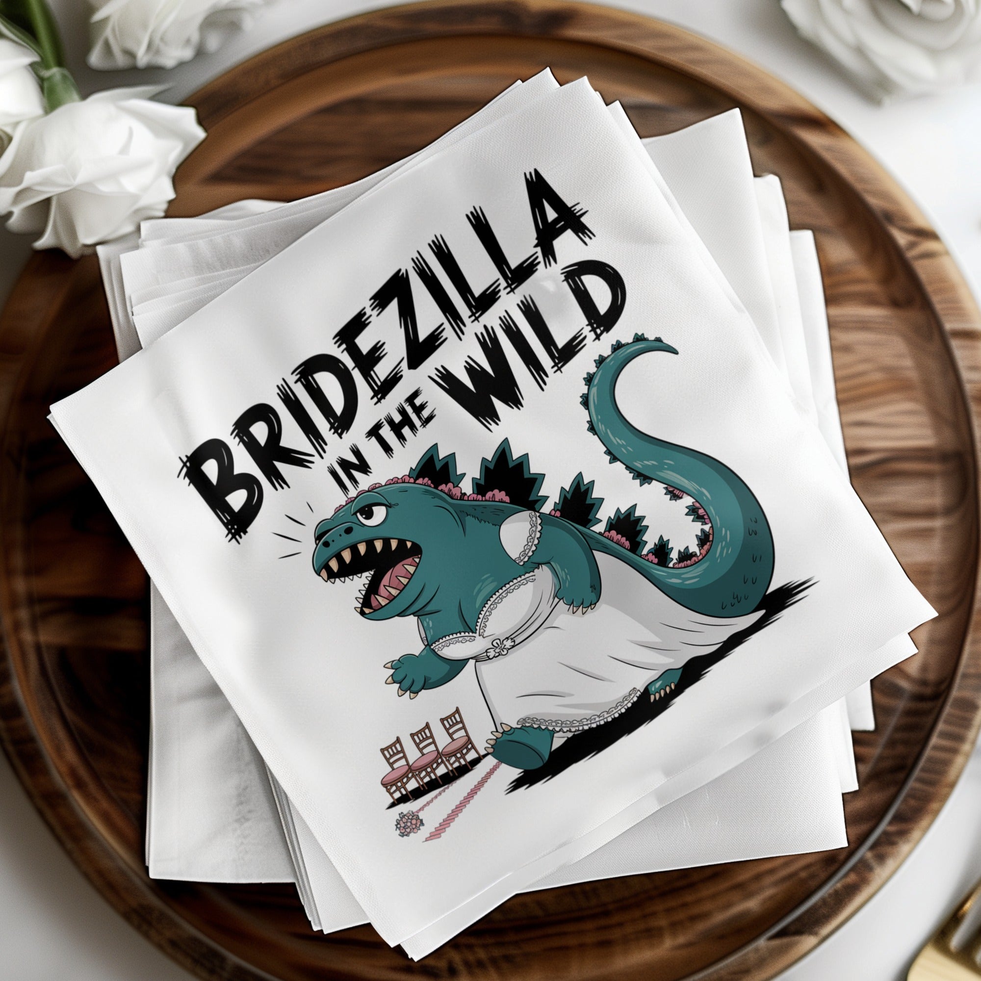 Bridezilla in the Wild text on a cocktail napkin featuring a Godzilla character in a wedding dress.