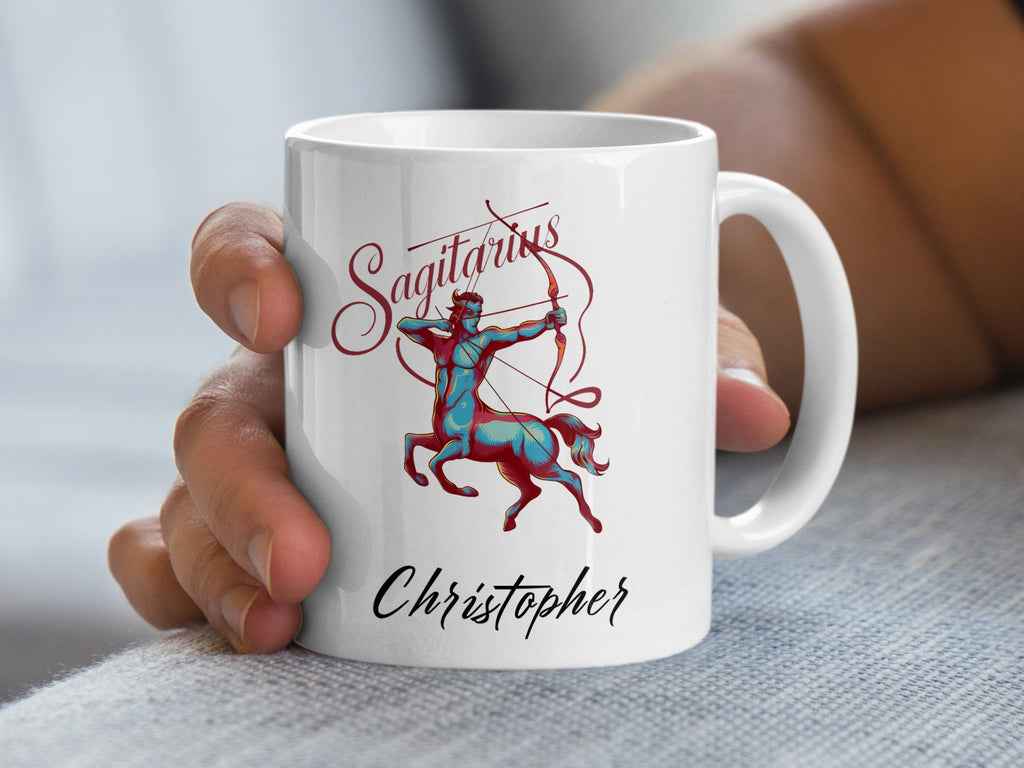 White mug with Sagittarius archer design and "Christopher" text.