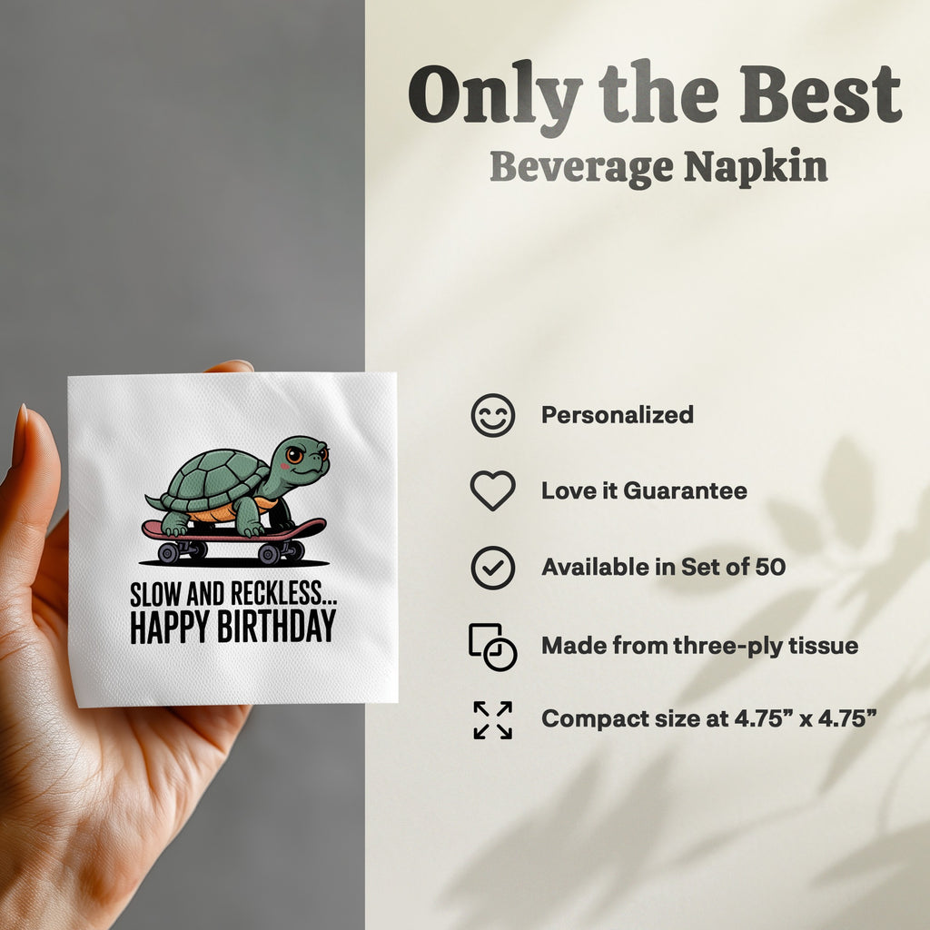 Napkin with a turtle on a skateboard and "Happy Birthday" text.