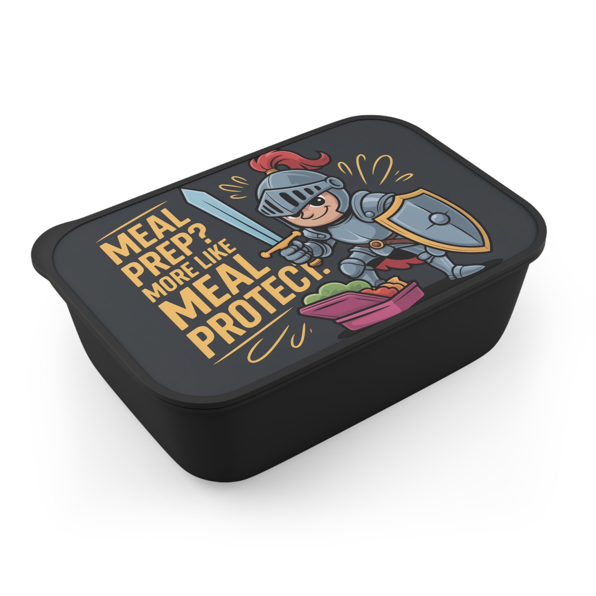 Knight character holding sword and shield, with text "MEAL PREP? MORE LIKE MEAL PROTECT."