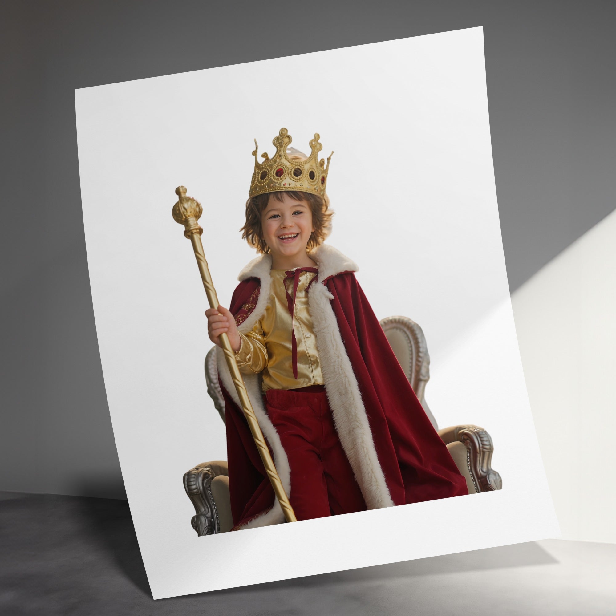 Young boy in king costume with crown and scepter sits on throne.