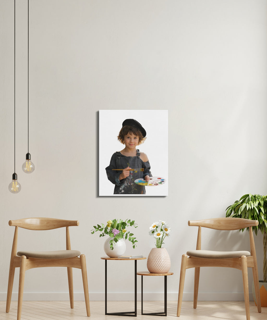 Young artist wearing a beret and smock holds a palette of paints.