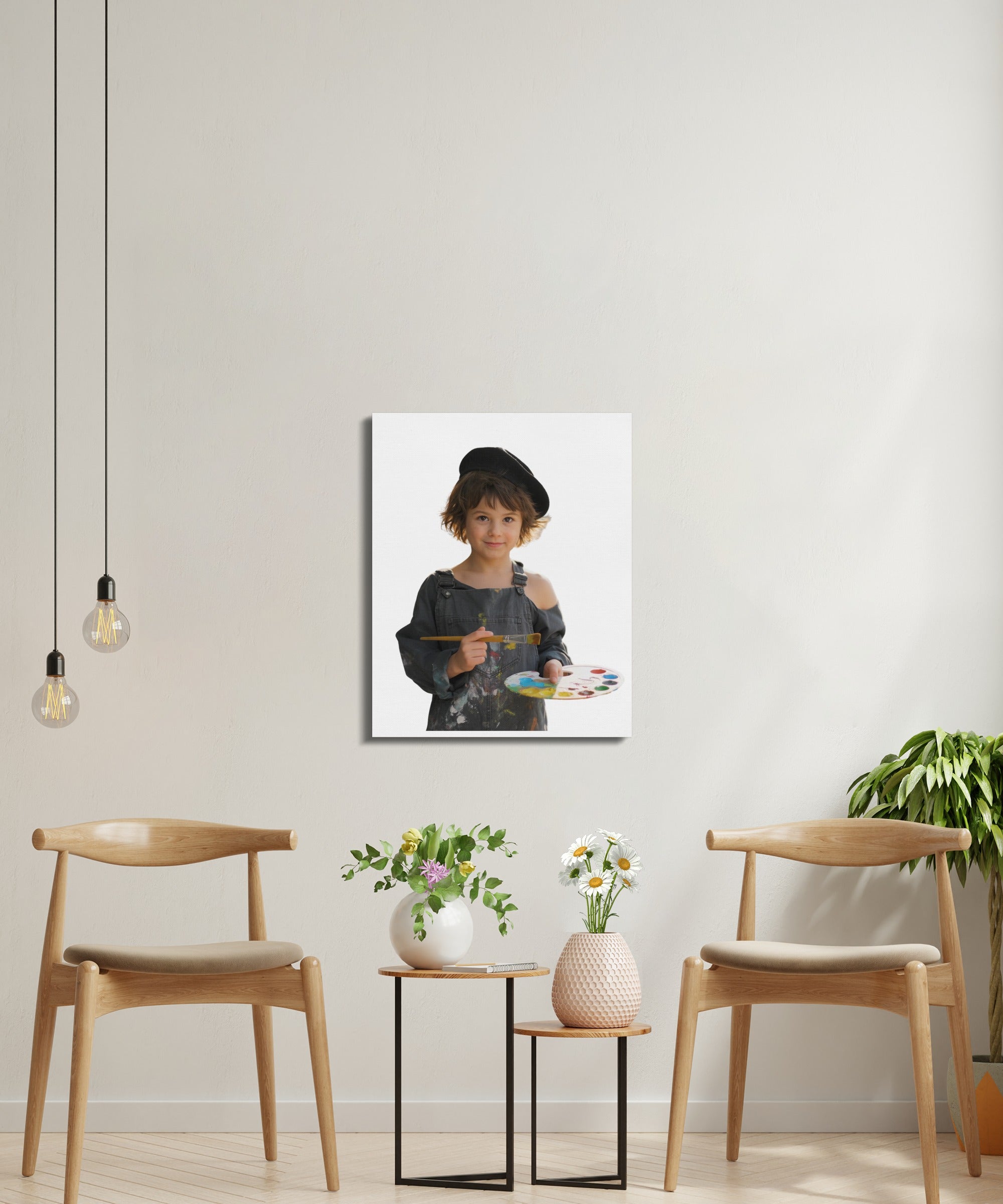 Young artist wearing a beret and smock holds a palette of paints.
