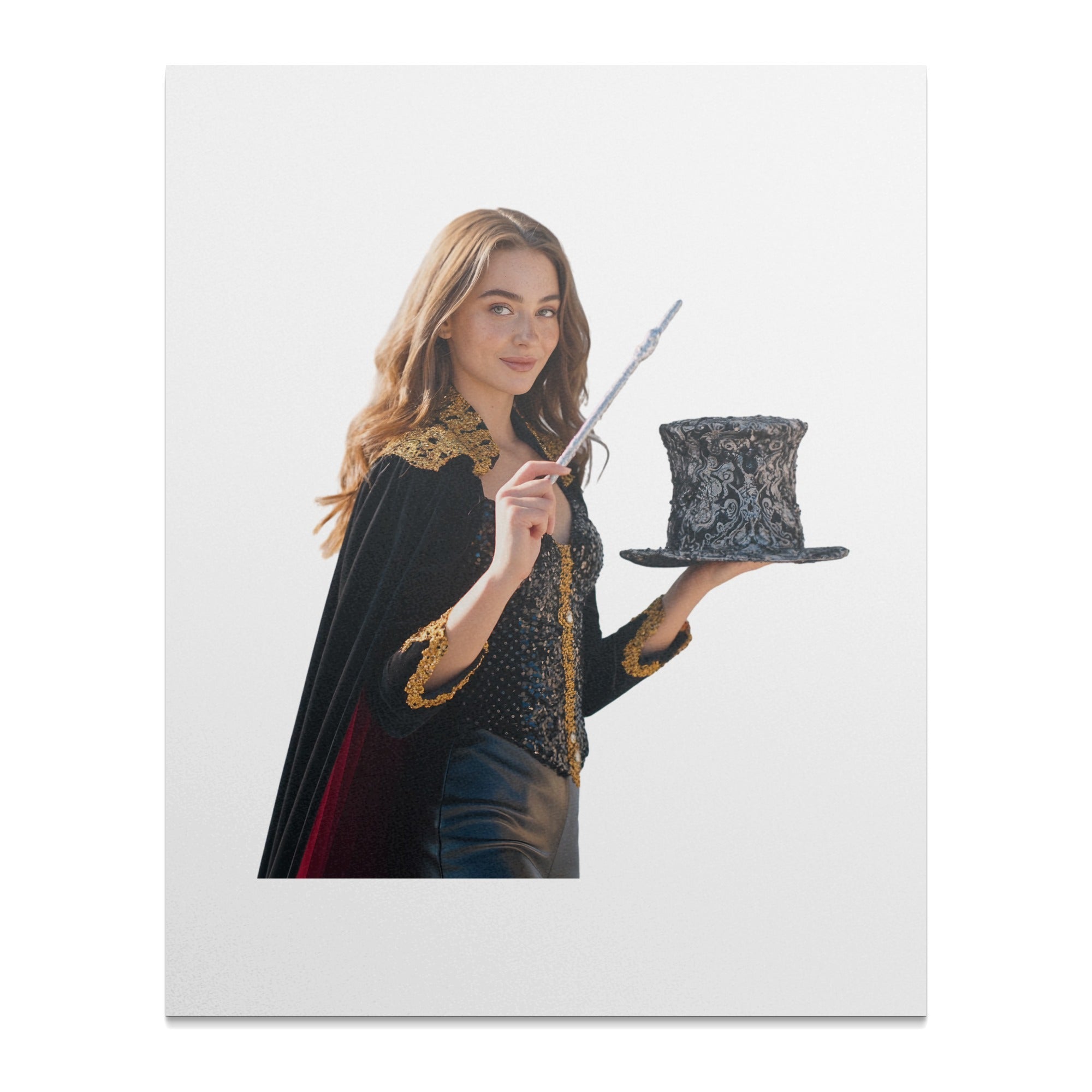 Magician with wand and top hat, wearing ornate cape and black attire.