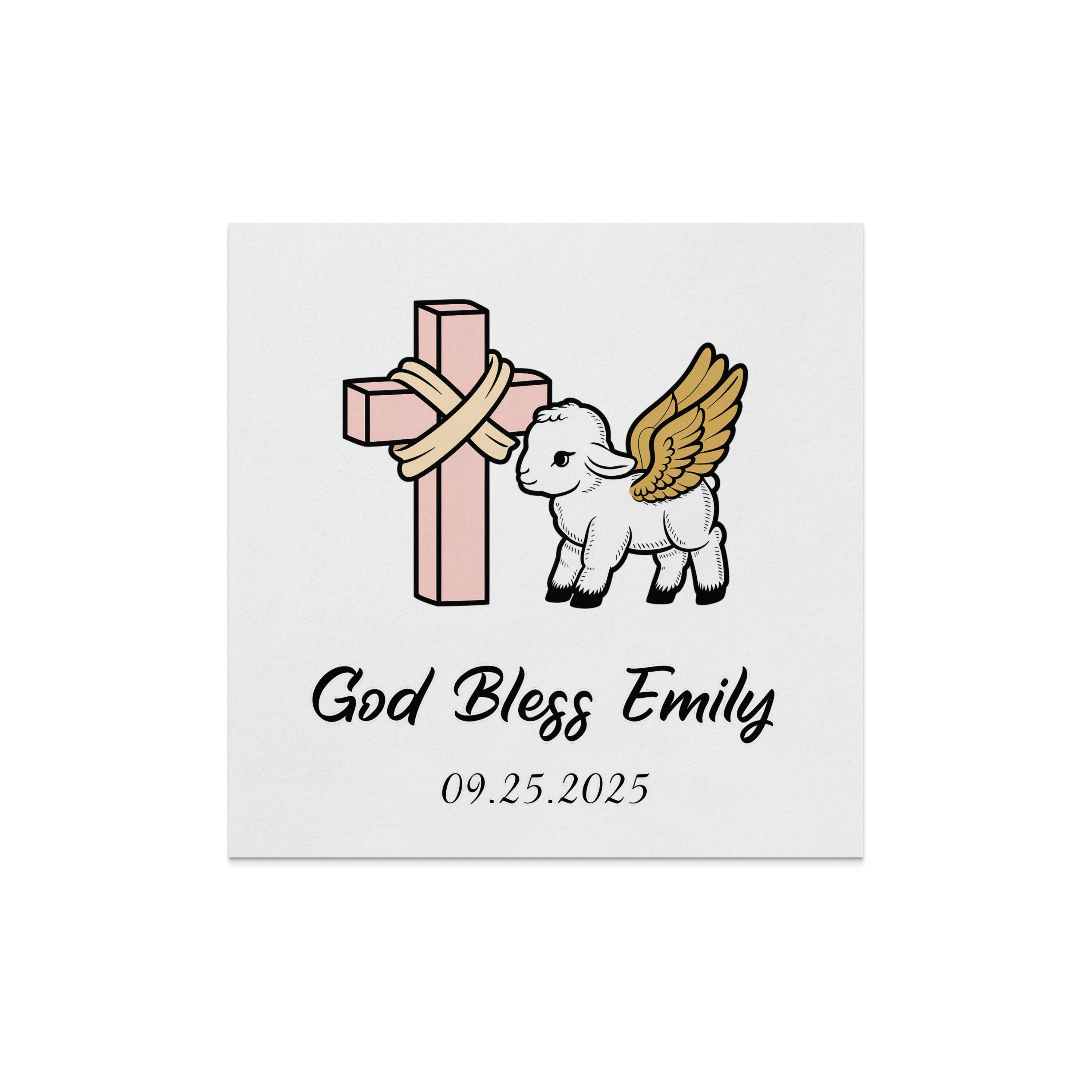 Cross with wings and lamb, "God Bless Emily 09.25.2025".