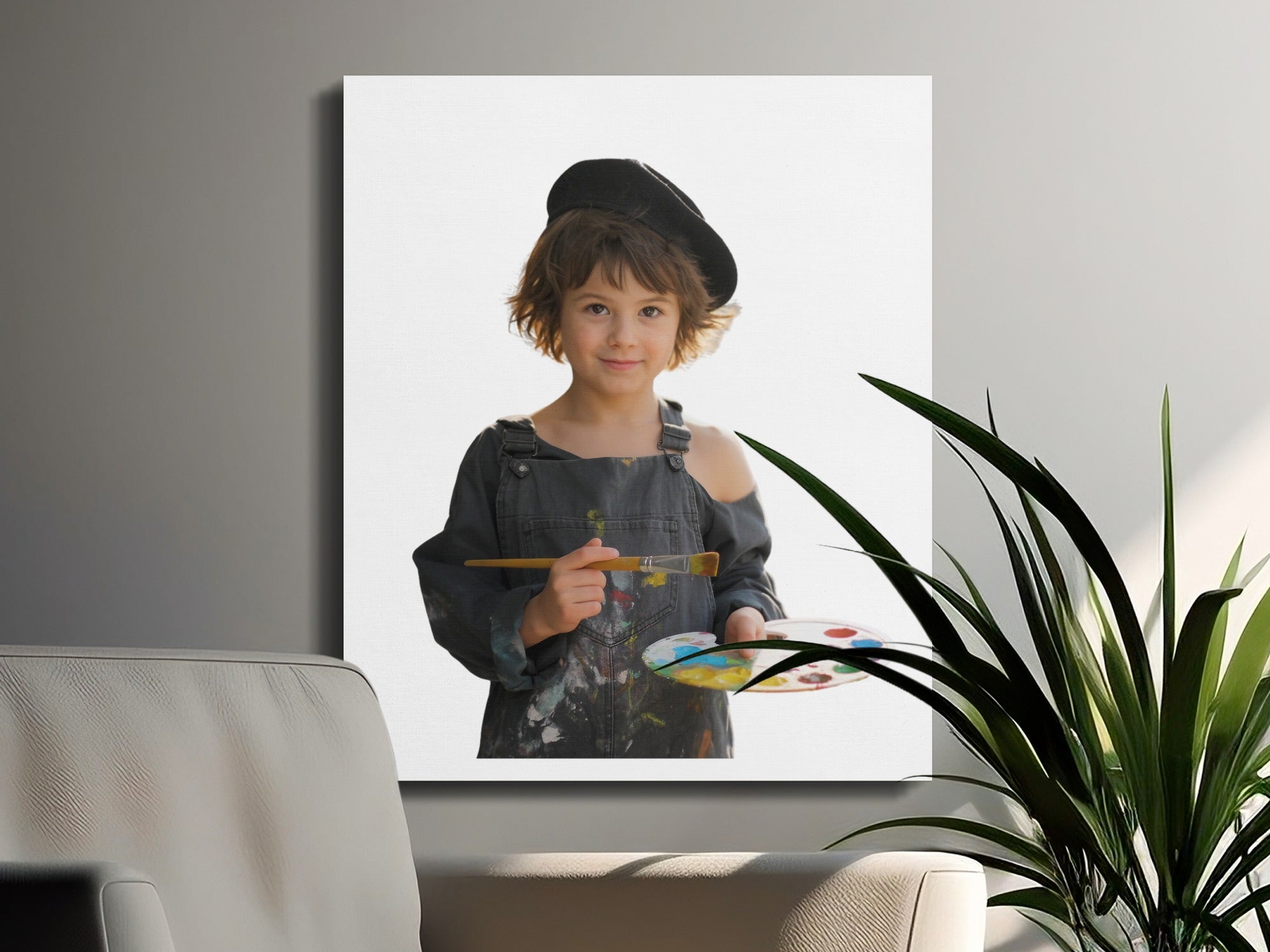Young artist in overalls and beret holds paintbrush and palette.