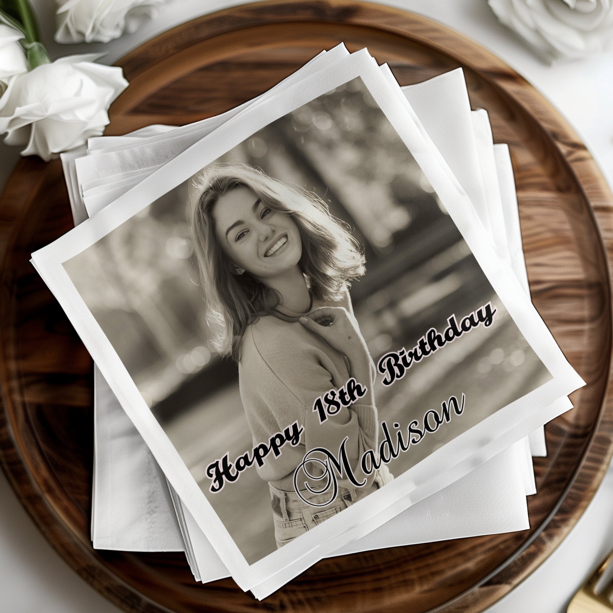 Happy 18th Birthday Madison, with a smiling young woman in a sepia toned photograph.